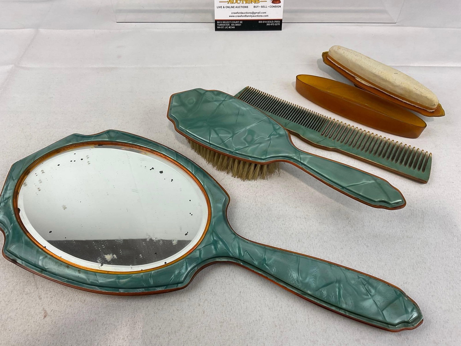 Vintage Pearltone Celluloid Beveled Hand Mirror, Brush, Comb & Pad w/cover - 7