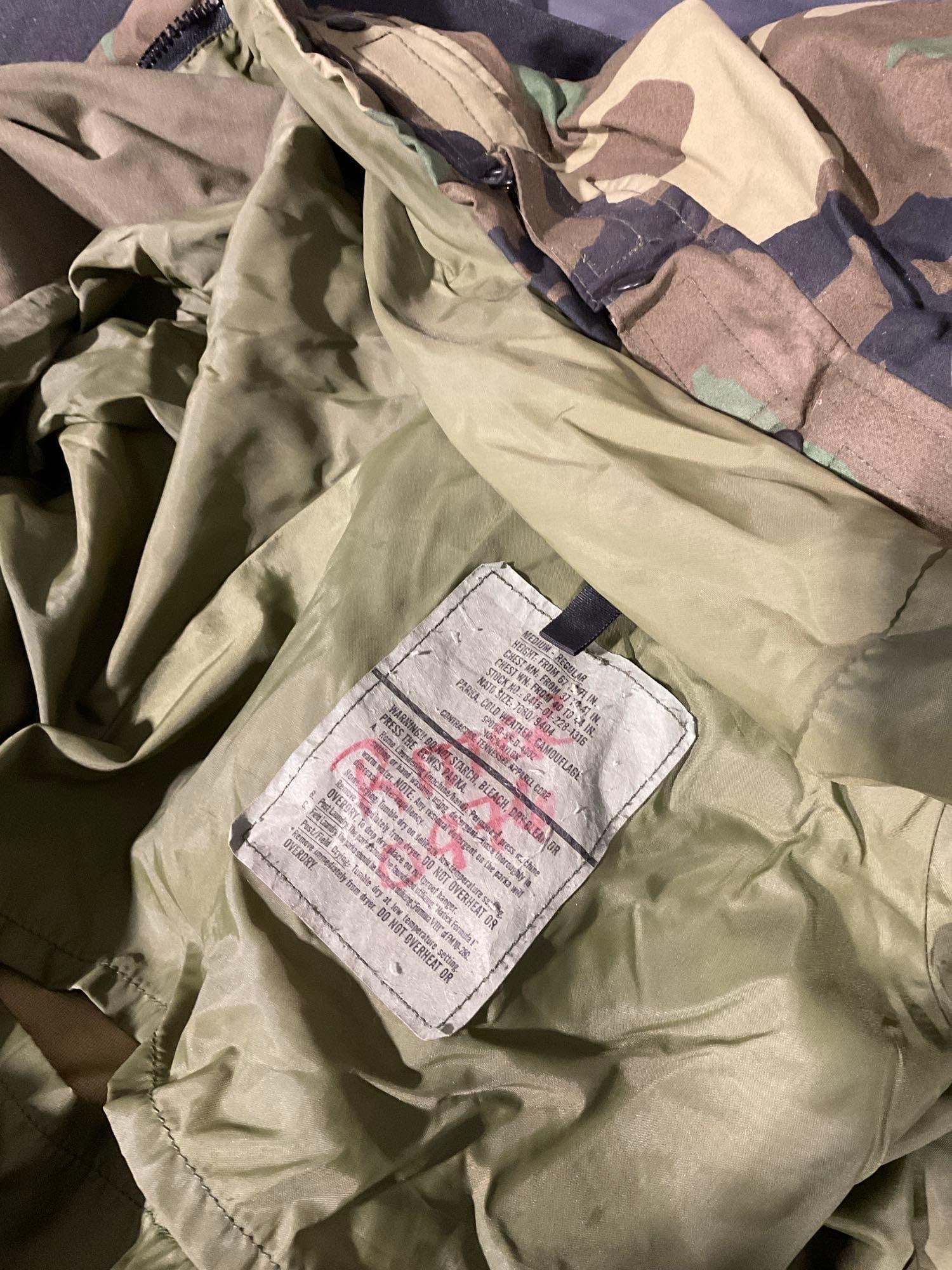 2x Cold Weather Parkas, Small US Army Gas Mask, variety of hats, Wet Weather Size L Trouser - 15