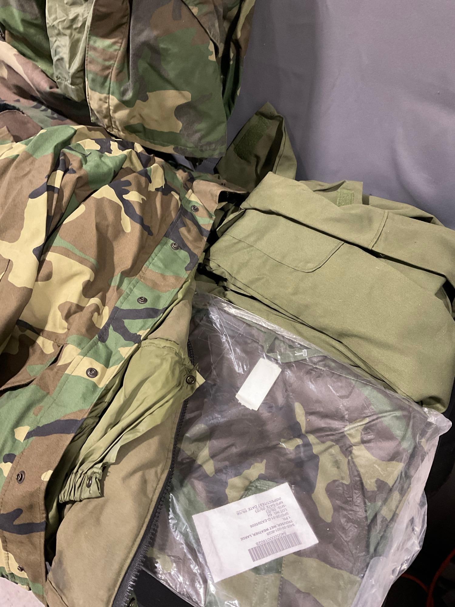 2x Cold Weather Parkas, Small US Army Gas Mask, variety of hats, Wet Weather Size L Trouser - 3