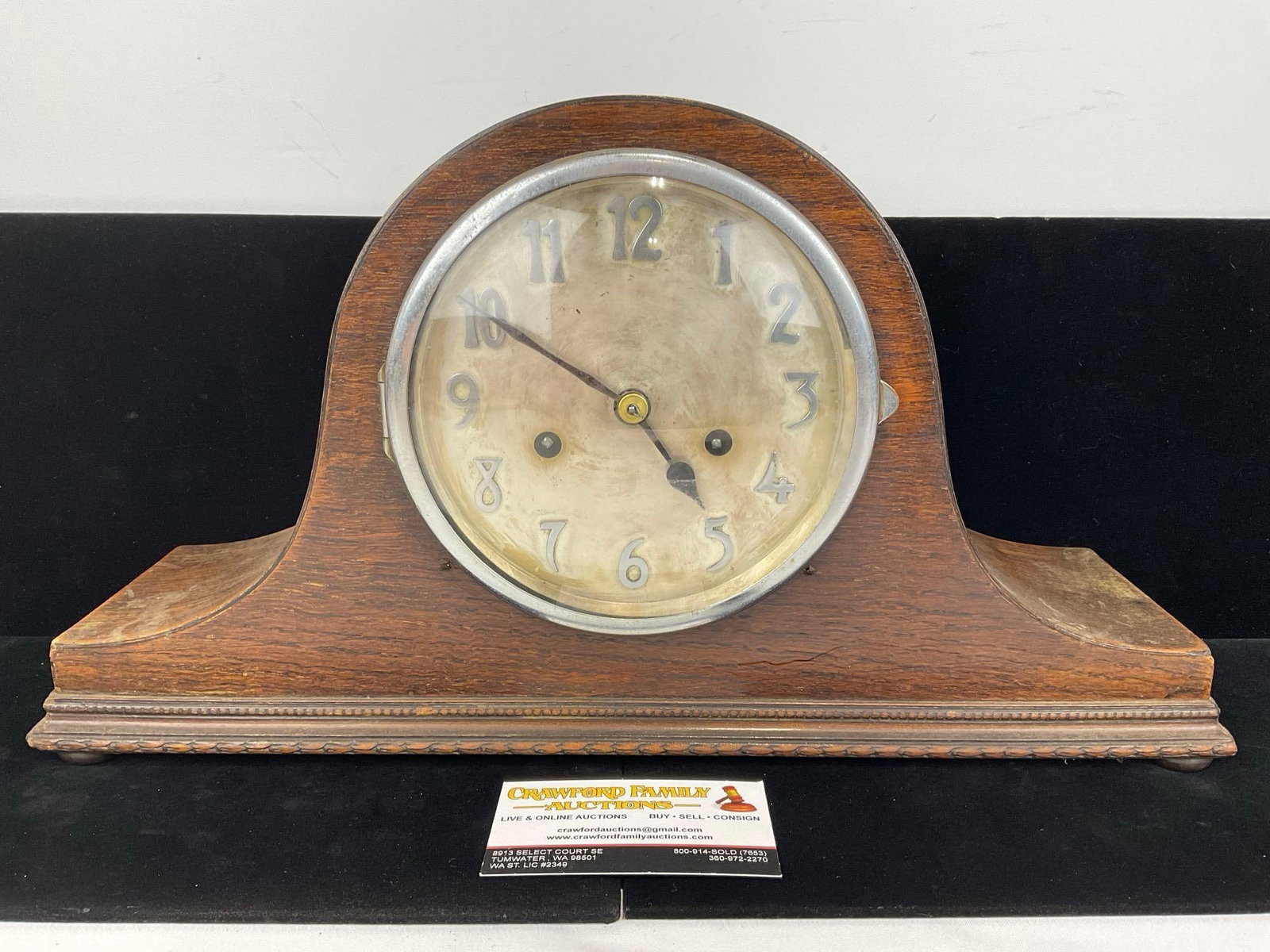 Antique English Oak Mantel Clock, Time Strike, 10h x 17w x 6d inches, some discoloration: All comes from the same collection. Appears to be in fair shape, shows signs of age, could be rejuvenated. The piece measures approx 10h x 17w x 6d inches. See pics. E-5580