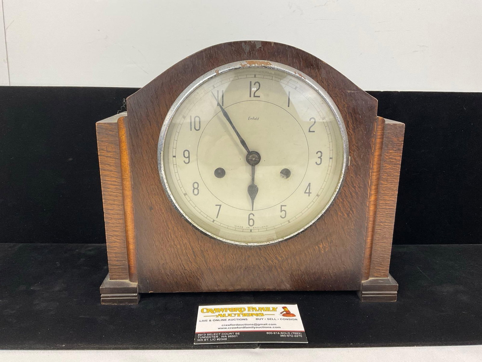 Early 20th Century English Enfield Mantel Clock, Time Strike, 10h x 11w x 6d inches: All comes from the same collection. Appears to be in fair to good shape, some surface wear. The piece measures approx 10h x 11w x 6d inches. See pics. E-5580