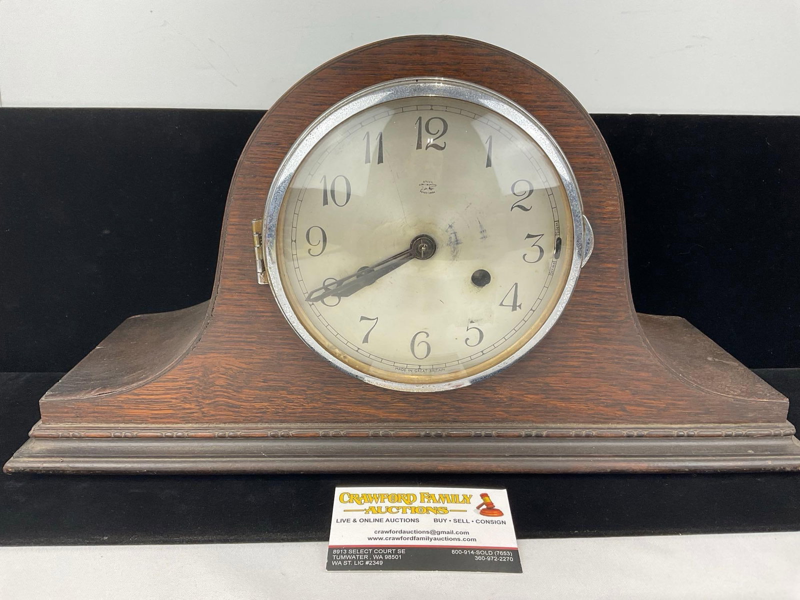 Vintage 1939 British Anvil English Oak Mantel Clock, Perivale, Time Strike, 10h x 18w x 7d inches (1 of 6)
