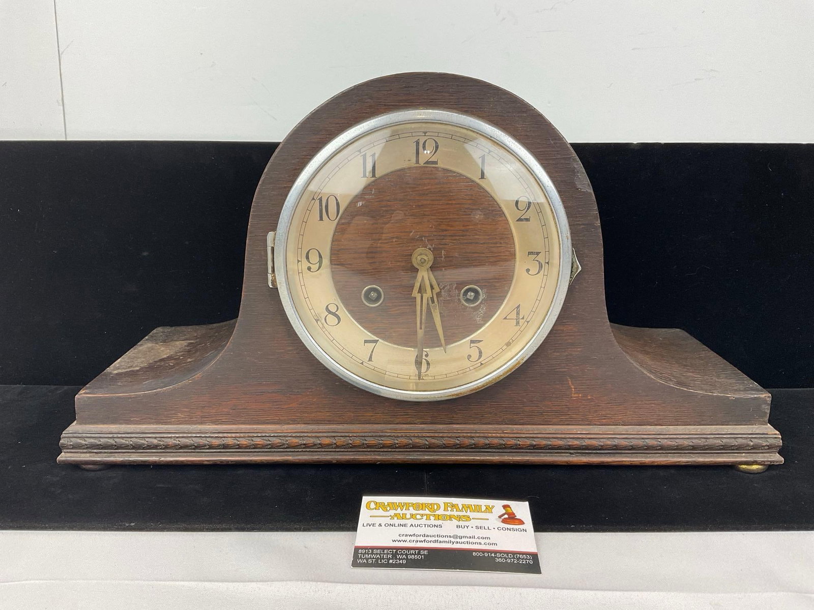 Early 20th Century Mantel Humpback Clock w/ Key, Time Strike, 10h x 17w x 7d inches: All comes from the same collection. Appears to be in good shape. The piece measures approx 10h x 17w x 7d inches. See pics. E-5580