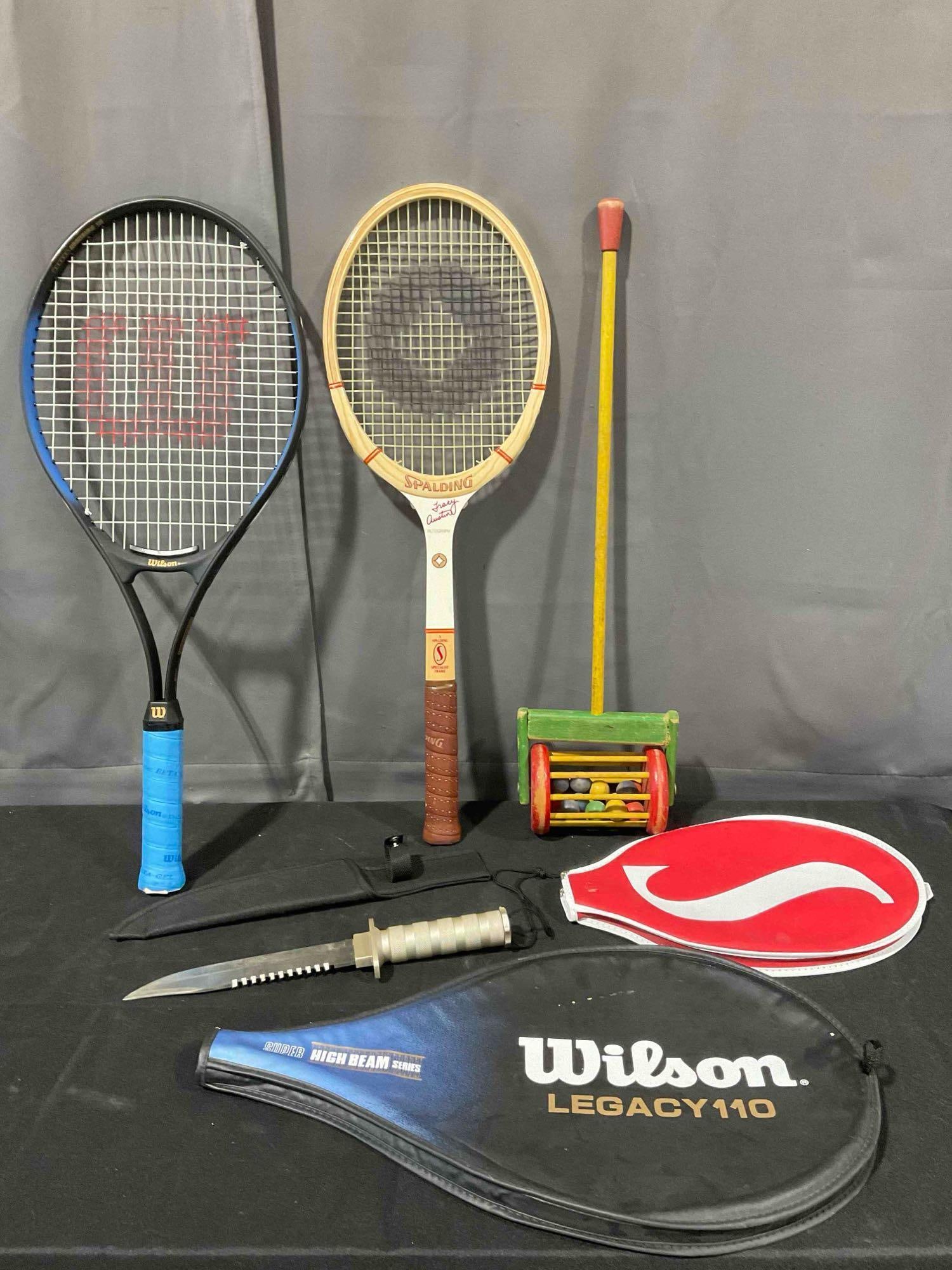 4 pcs Sports Gear Assortment, incl. Spalding & Wilson Tennis Rackets, Vintage Toy & More!: 4 pcs Sports Gear Assortment, incl. Spalding & Wilson Tennis Rackets, Vintage Toy & More! Minor wear indicative of age and wear, toy has been repaired with glue, condition is otherwise good. L