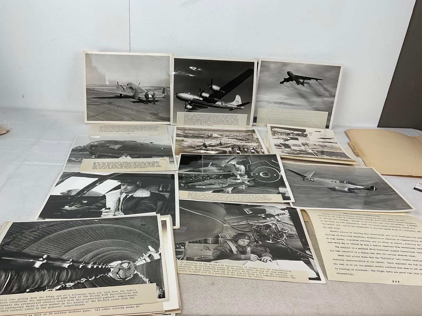 Vintage Airplane Press Release Photos & Ephemera, Second set of Boeing, B-29 Superfortress, &...: interior photos, and crew, Butterfly Tail, Warehouse Photos with plenty of components, assembly area of Seattle plant. Appears to be in good shape. The piece measures approx 11h x 13w x 2d