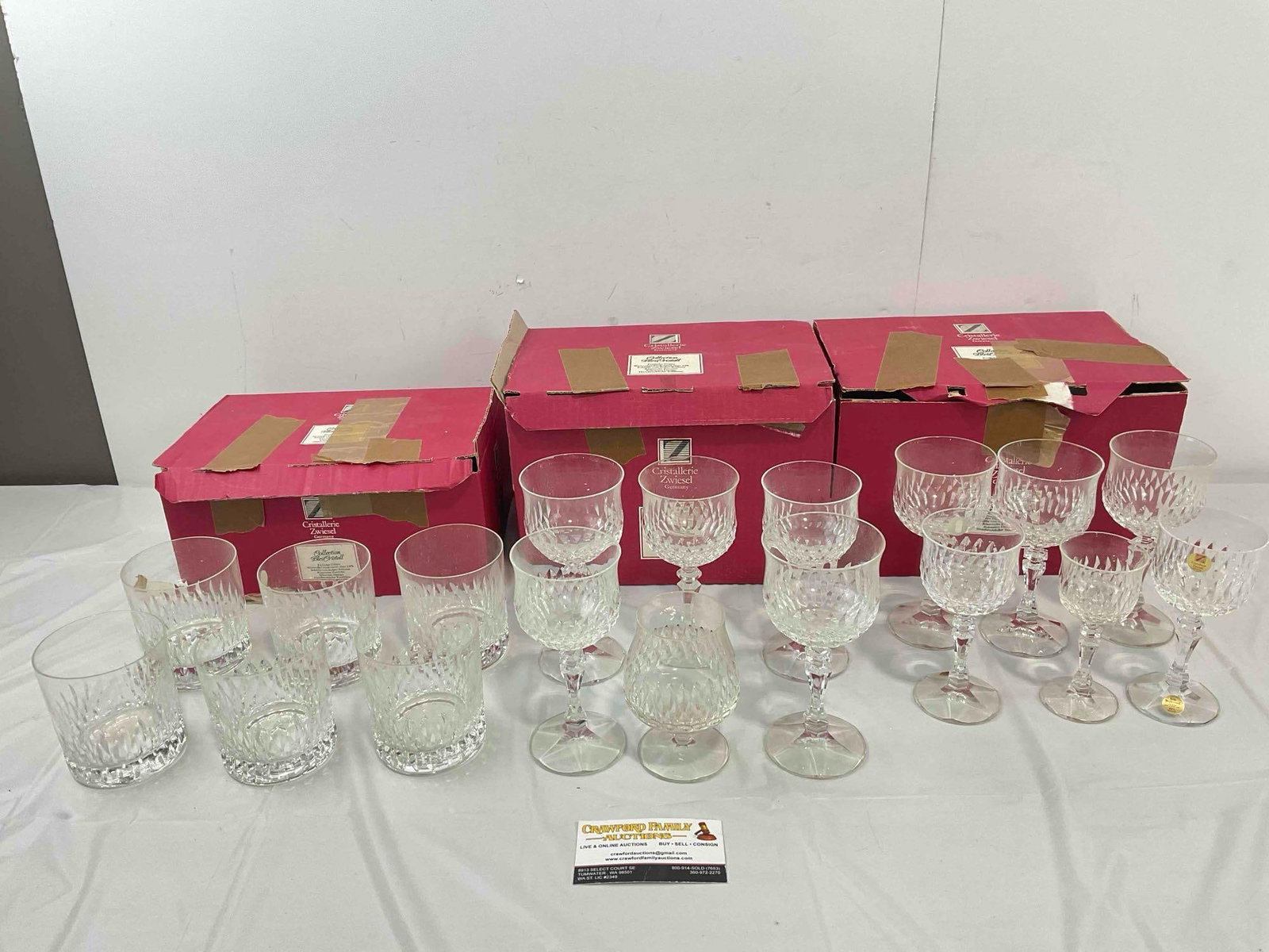 18 pcs Vintage Cristallerie Zweisel Germany Leaded Crystal Glasses in Original Boxes. See pics.: 18 pcs Vintage Cristallerie Zweisel Germany Leaded Crystal Glasses in Original Boxes. Good Condition. Minor wear indicative of age and wear, condition is otherwise good. Includes 6 shot glasses, 1