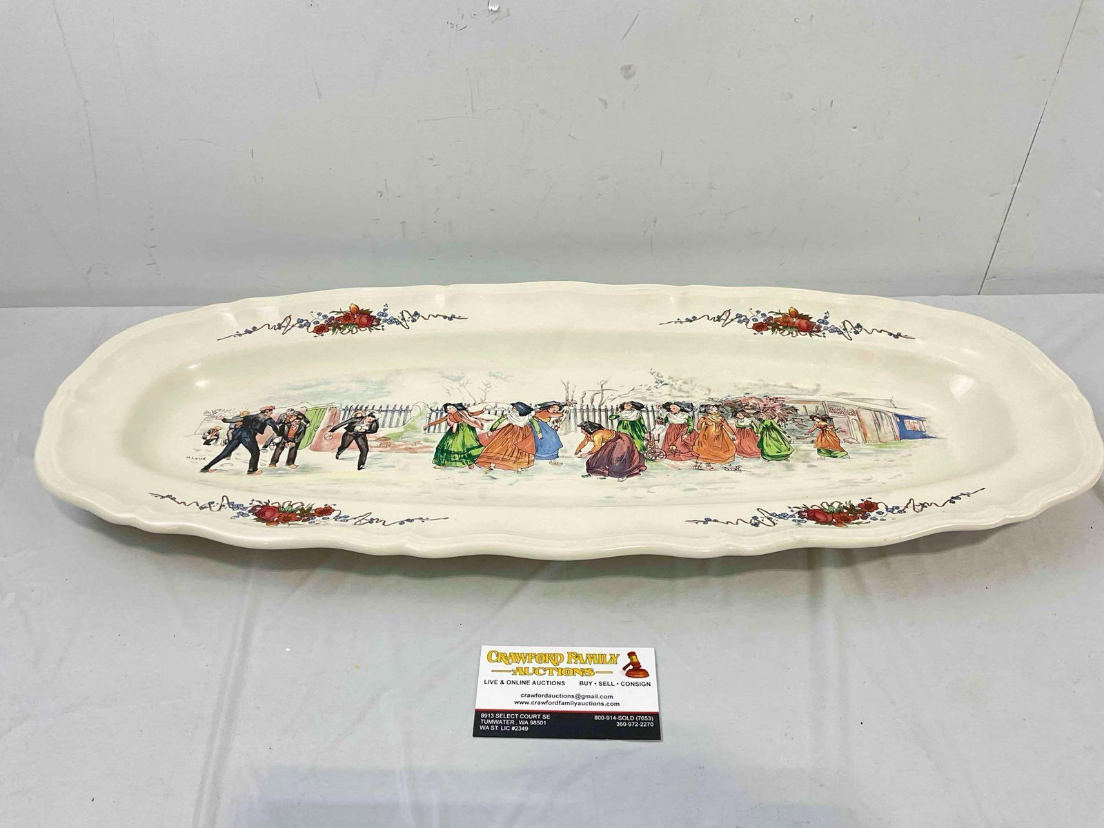 Vintage Sarreguemines French Ceramic Serving Platter in Obernai Pattern. See pics & desc.: Vintage Sarreguemines French Ceramic Serving Platter in Obernai Pattern. Earthenware style, estimated 1940s. Artist is H. Loux. Has wear indicative of wear and use, bottom is chipped, condition is