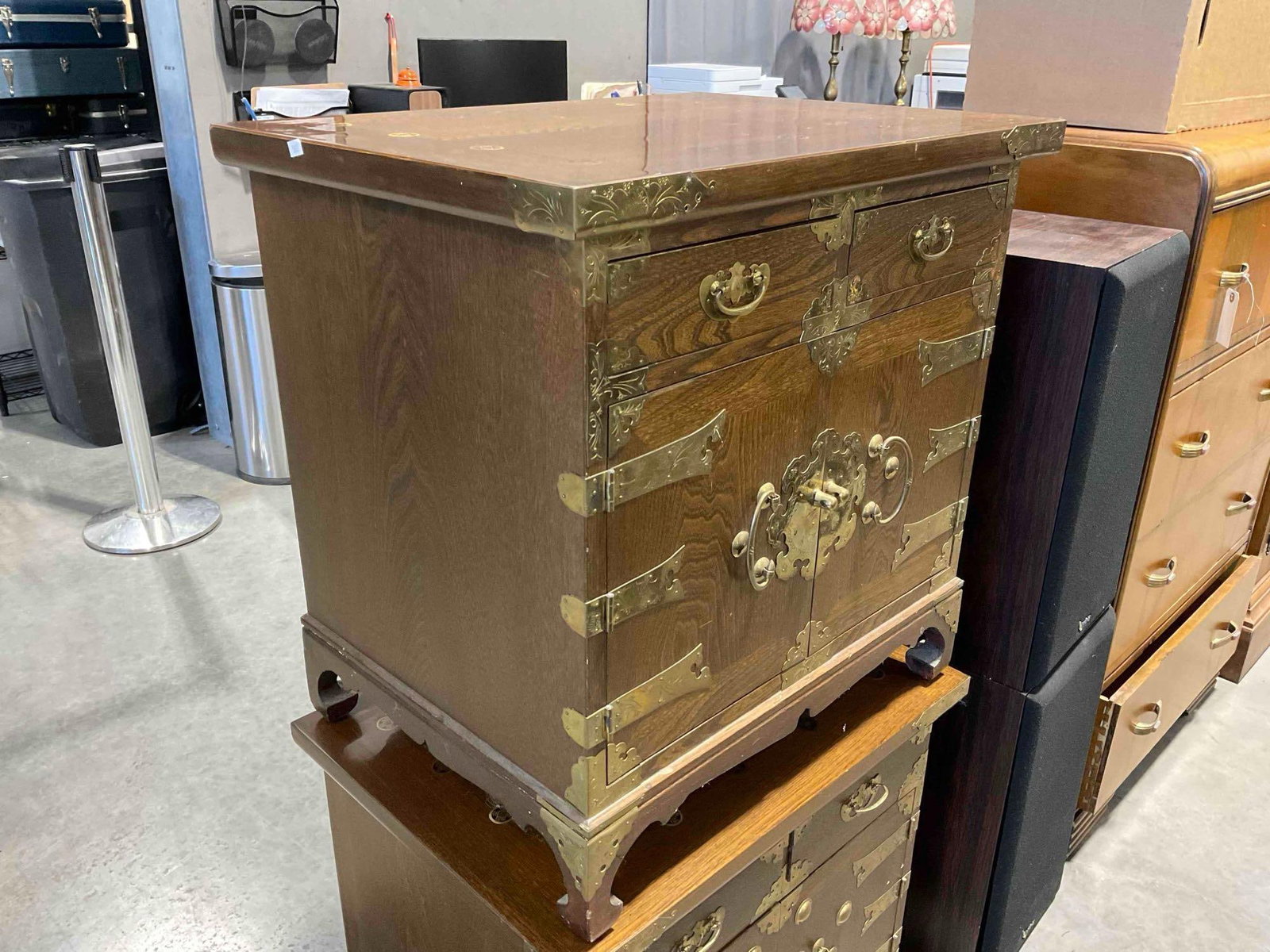 Vintage Asian Style Wood Storage Cabinet w/ 2 Drawers, Cupboard & Coin Detail. See pics. - 2