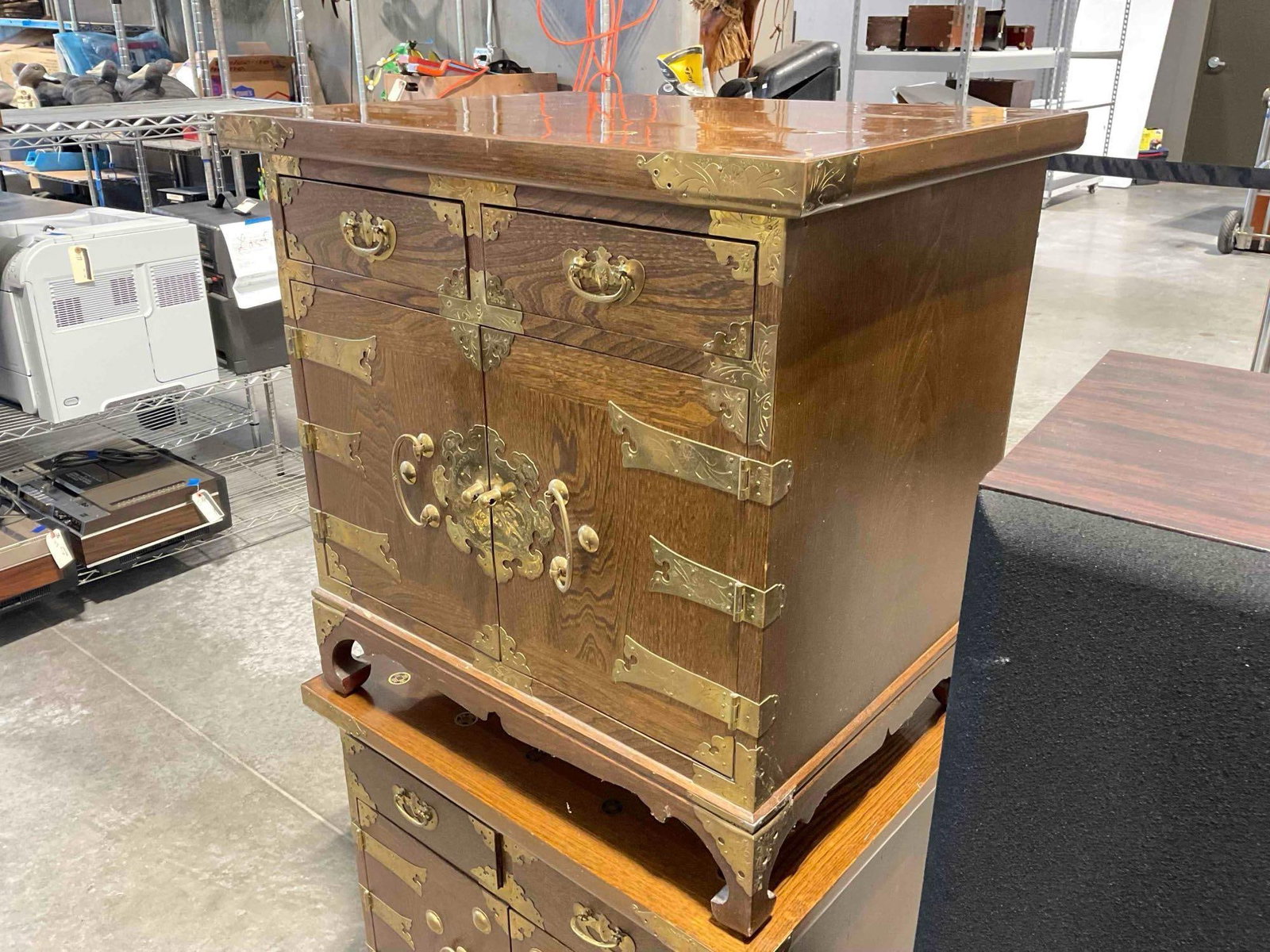 Vintage Asian Style Wood Storage Cabinet w/ 2 Drawers, Cupboard & Coin Detail. See pics. - 3