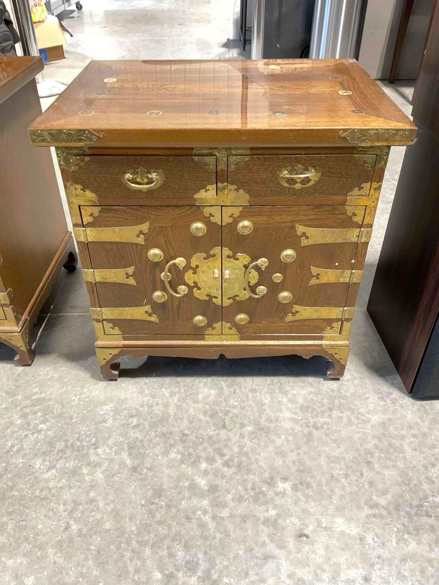 Vintage Asian Style Wood Storage Cabinet w/ 2 Drawers, Cupboard & Coin Detail. See pics.: Vintage Asian Style Wood Storage Cabinet w/ 2 Drawers, Cupboard & Coin Detail. Twin to lot 134. Includes a brass fish lock. Has wear indicative of age and use, condition is otherwise good. Measure