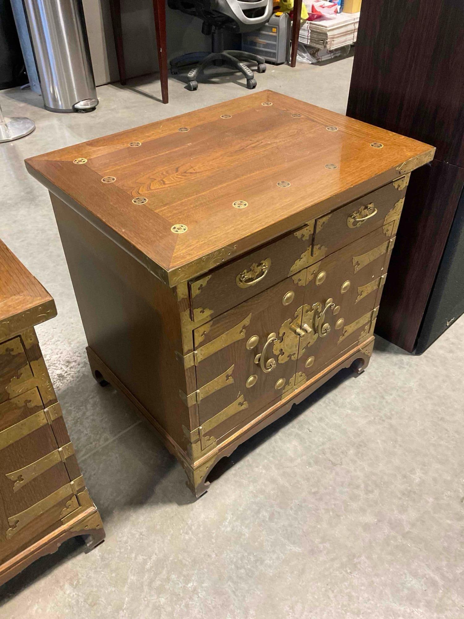 Vintage Asian Style Wood Storage Cabinet w/ 2 Drawers, Cupboard & Coin Detail. See pics. - 2