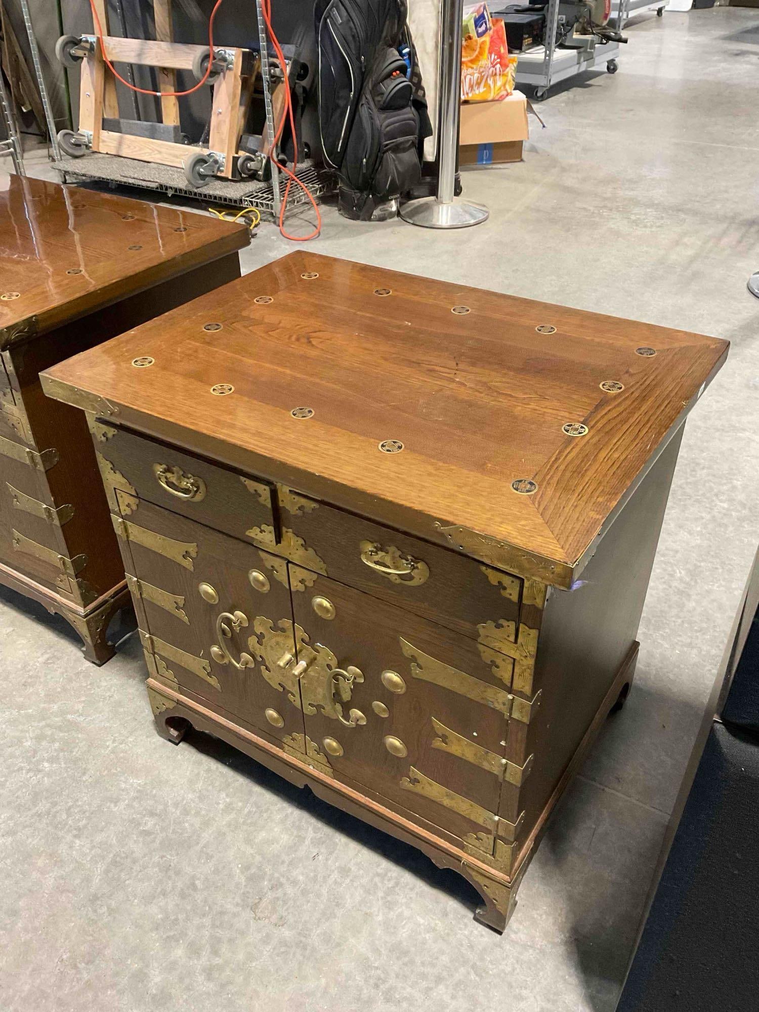 Vintage Asian Style Wood Storage Cabinet w/ 2 Drawers, Cupboard & Coin Detail. See pics. - 3