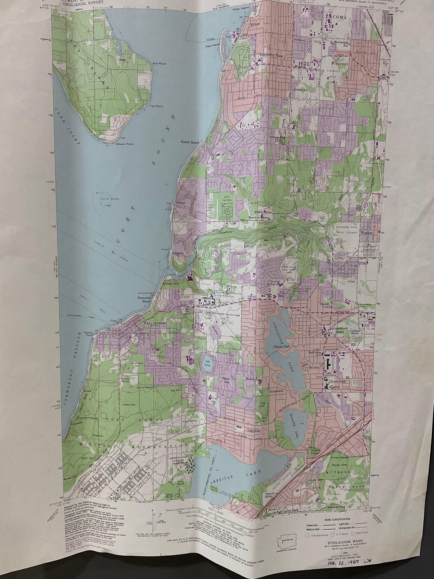 8 Washington Maps, Steilacoom Area 1950s-90s, Ozette Lake, Fort Lewis, 23x30 inches - 2