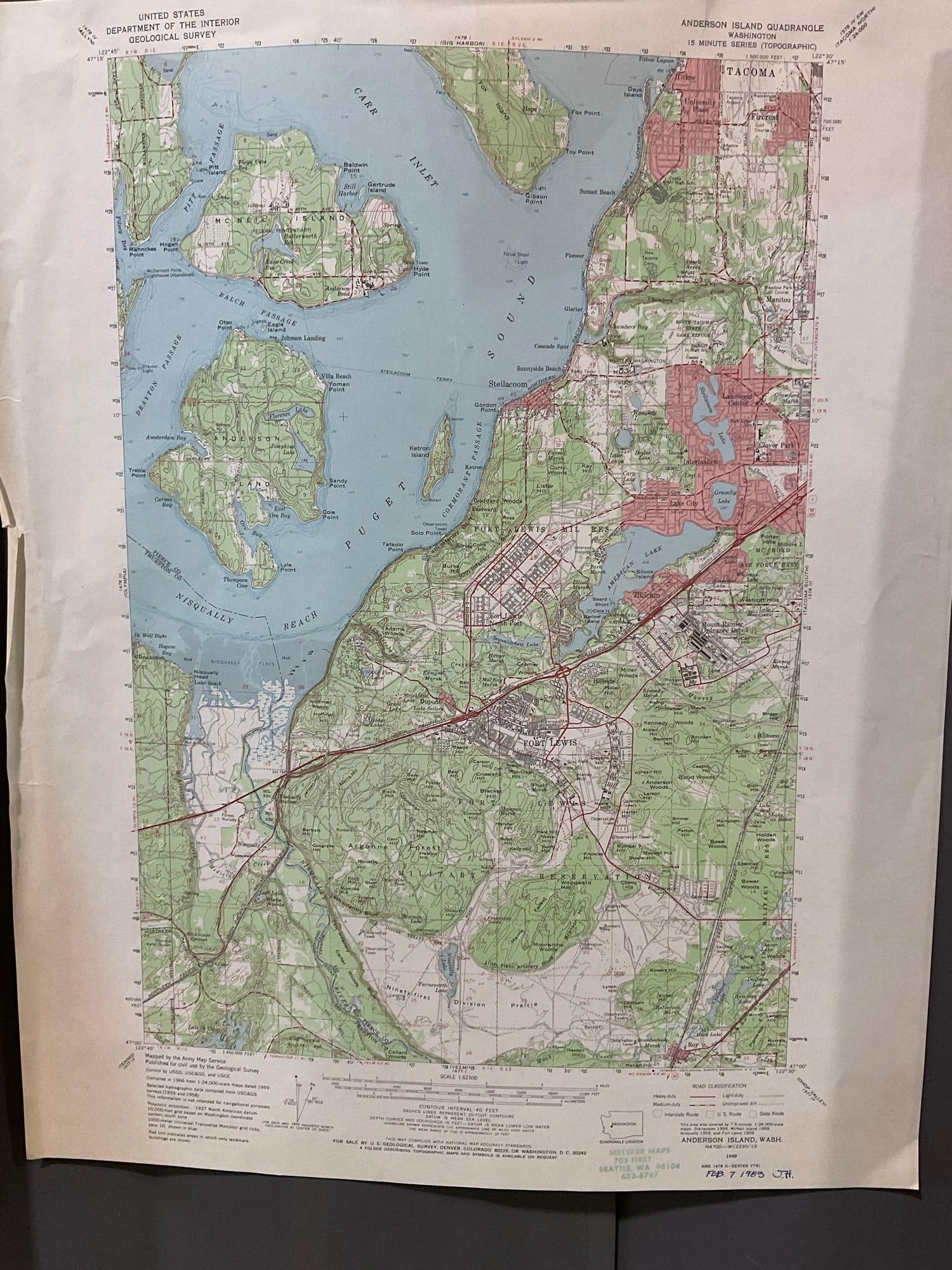 8 Washington Maps, Steilacoom Area 1950s-90s, Ozette Lake, Fort Lewis, 23x30 inches - 3