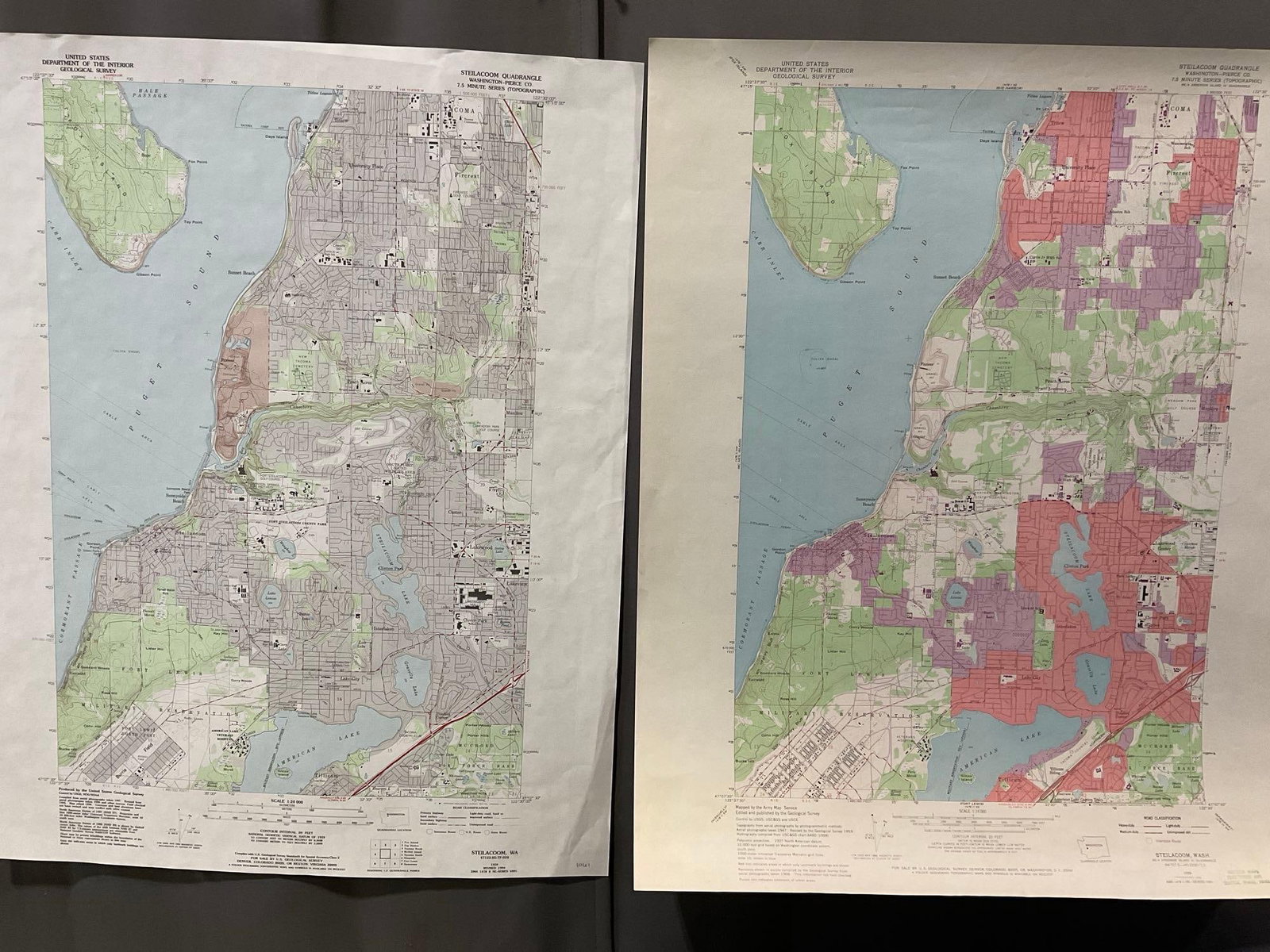 8 Washington Maps, Steilacoom Area 1950s-90s, Ozette Lake, Fort Lewis, 23x30 inches - 6