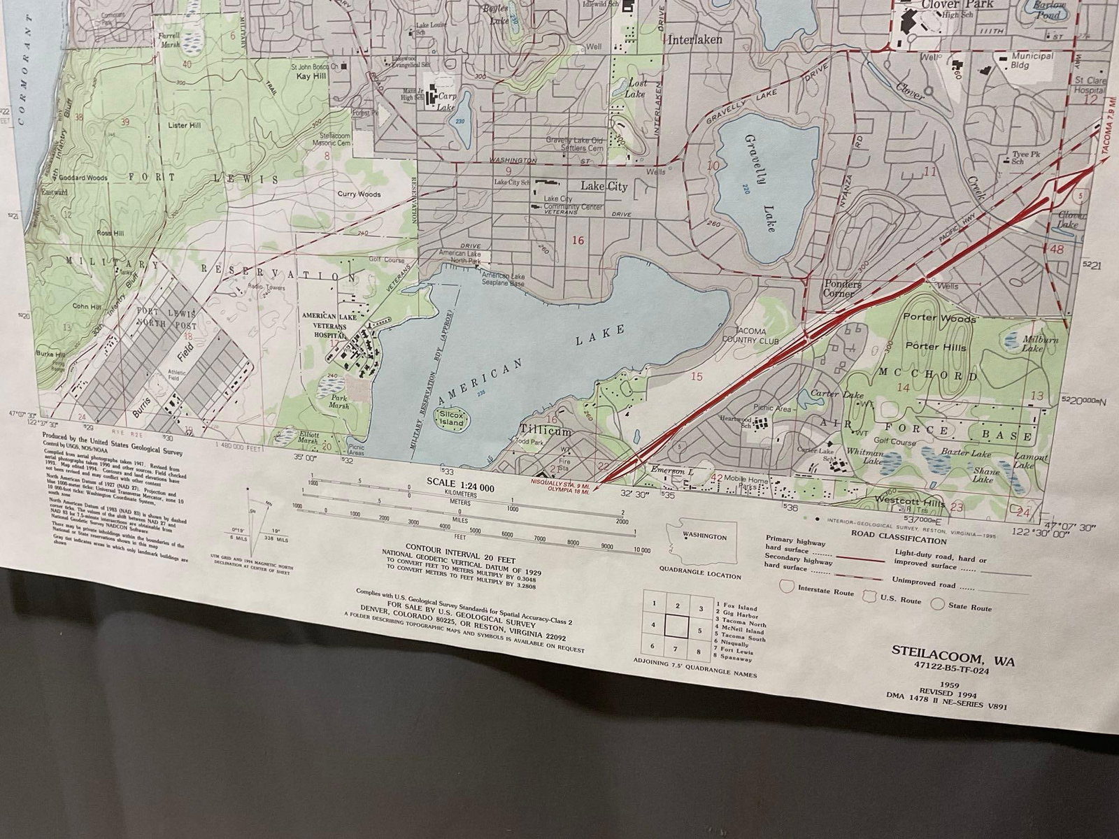 8 Washington Maps, Steilacoom Area 1950s-90s, Ozette Lake, Fort Lewis, 23x30 inches - 8