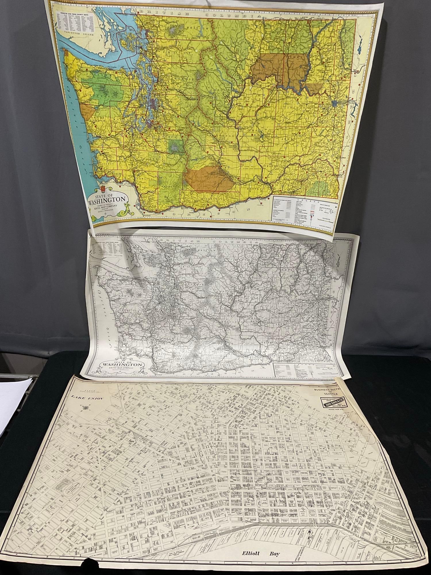 Washington State Kroll Map Company, Original & Print, Business District of Seattle Map, 24x3x3 inch: Appears to be in good shape. The pieces rolled up measures approx 24h x 3w x 3d inches. See pics. E-5360