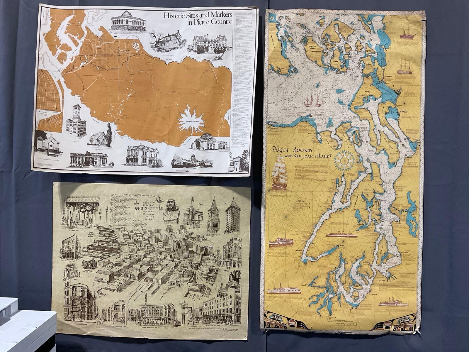 3 Vintage Maps, Puget Sound & San Juan Islands, Old Seattle & Pierce County, Stylized maps (1 of 5)