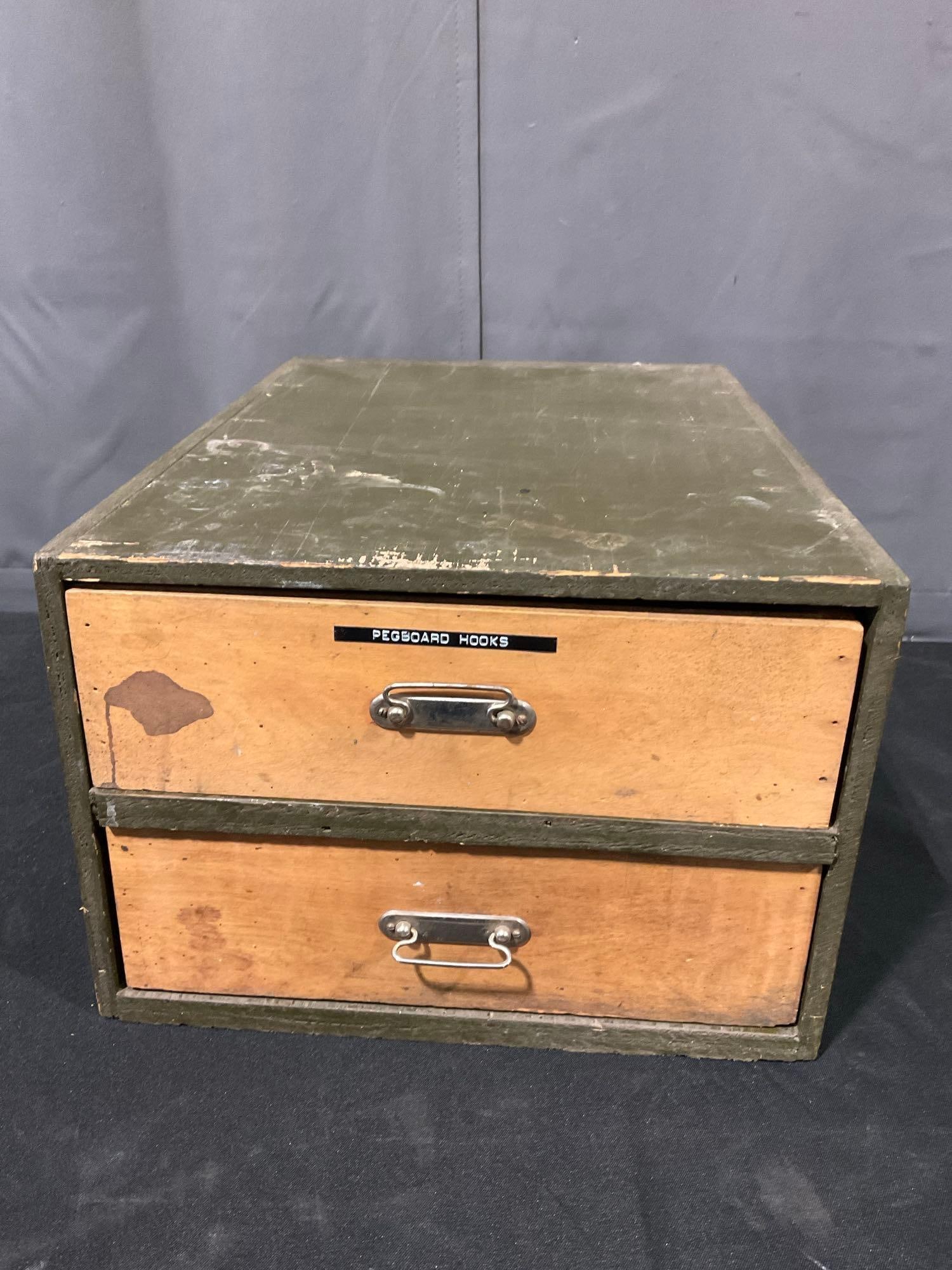 Vintage 2 Drawer Workshop Cabinet, divided drawers, 10h x 14w x 19d inches: Appears to be in fair shape. The piece measures approx 10h x 14w x 19d inches. See pics. E-5360