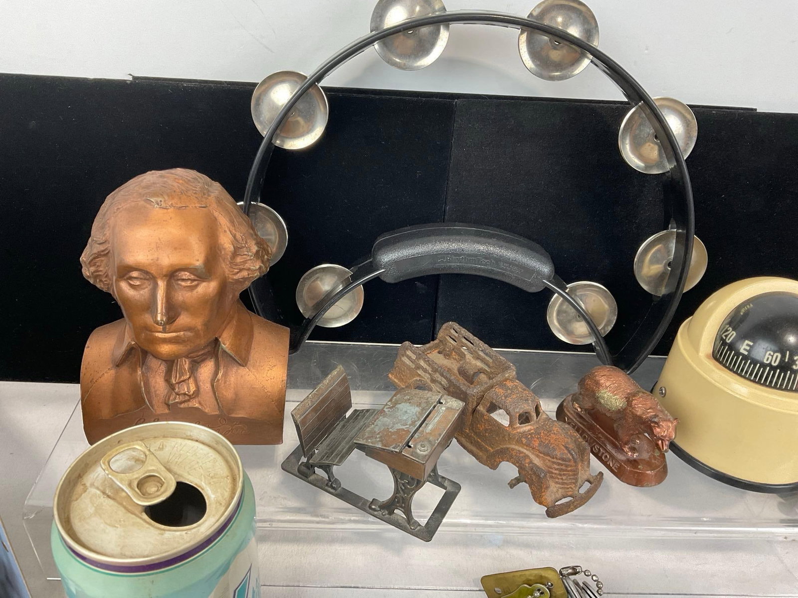 Tongs, Coin Bank, Paper Nativity, Compass, Vintage Bottle Caps, 1940s Work Light, Alarm Bell & more - 6