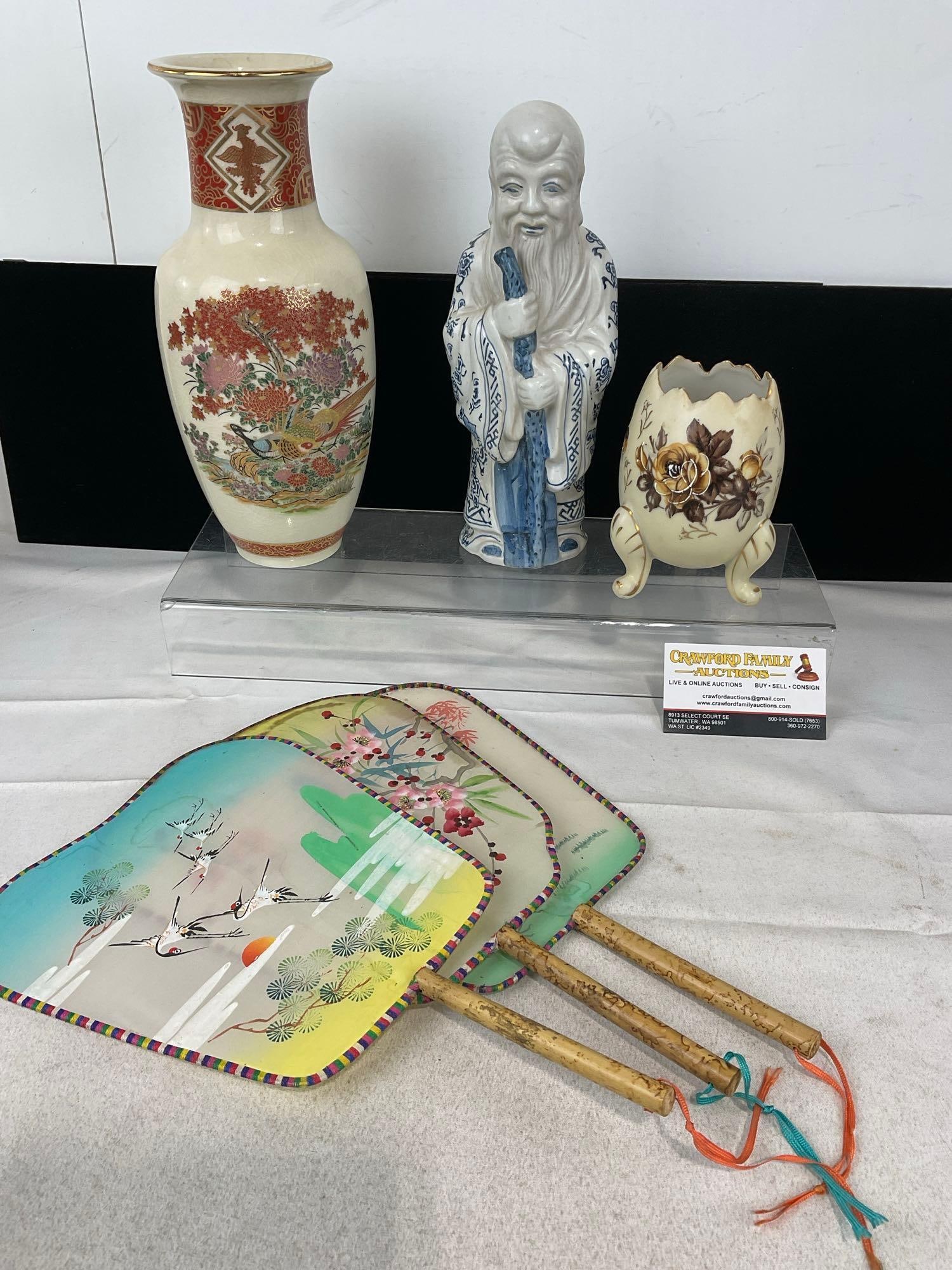 3 Watercolor Fans, Porcelain Vase, & Sage figure, Egg Shaped Vase: Appears to be in good shape. The pieces together measures approx 6h x 14w x 9d inches. See pics. E-5500