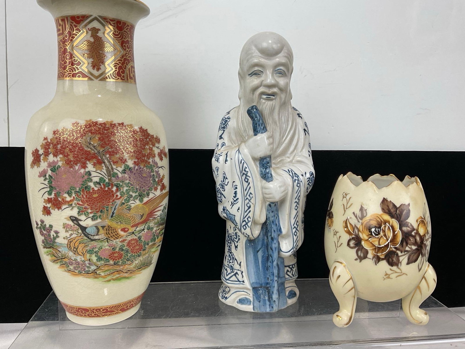 3 Watercolor Fans, Porcelain Vase, & Sage figure, Egg Shaped Vase - 2