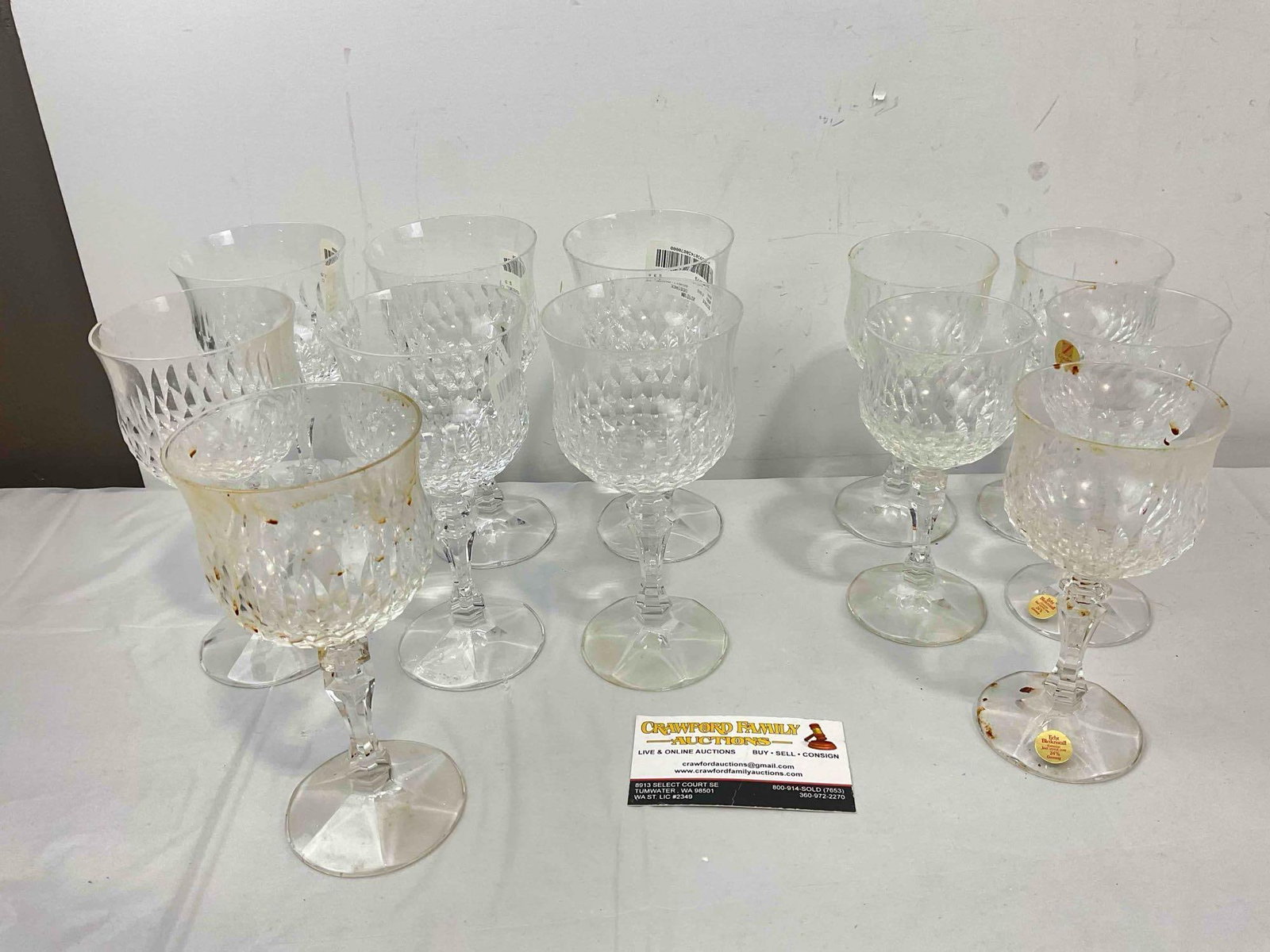 12 pcs Cristallerie Zwiesel German Leaded Crystal Wine Glasses. Good Condition. See pics.: 12 pcs Cristallerie Zwiesel German Leaded Crystal Wine Glasses. Good Condition. See pics. 2 different sizes. Some have stickers and look new, others appear vintage. Measures 3" x 3" x 8" Minor wear