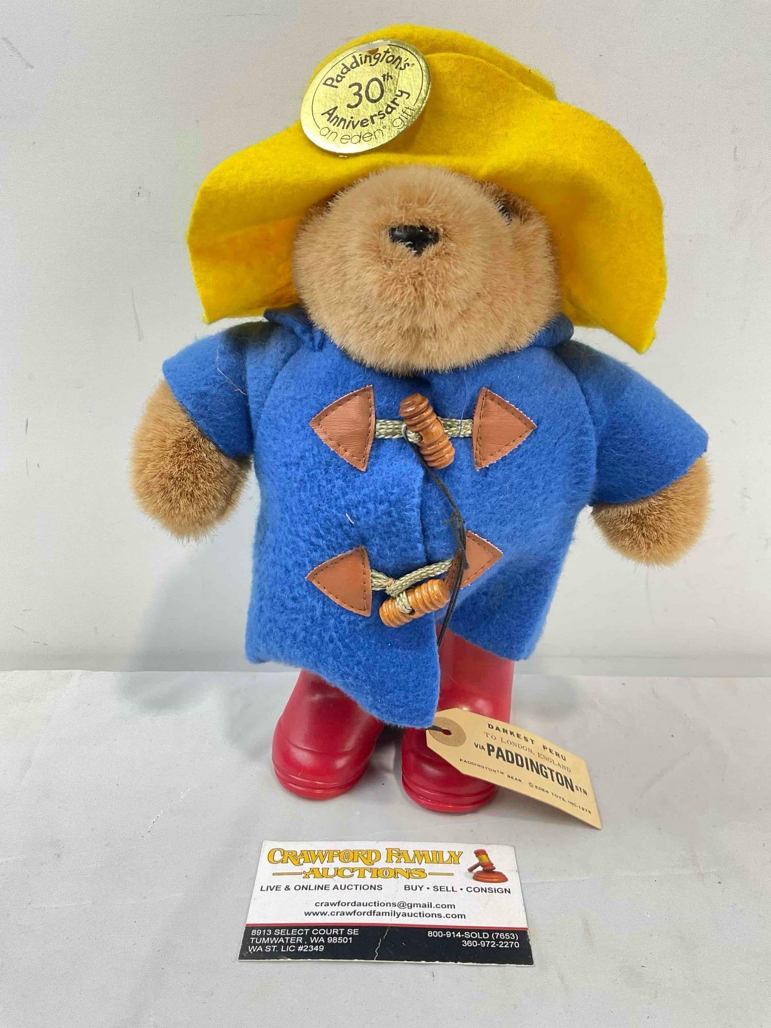 Vintage Eden Toys 30th Anniversary Paddington Bear Stuffed Toy Doll w/ Original Tag. See pics.: Vintage Eden Toys 30th Anniversary Paddington Bear Stuffed Toy Doll w/ Original Tag. Made 1988. Minor wear indicative of age and use, condition is otherwise very good. Measures 8" x 5" x 10" DM-414