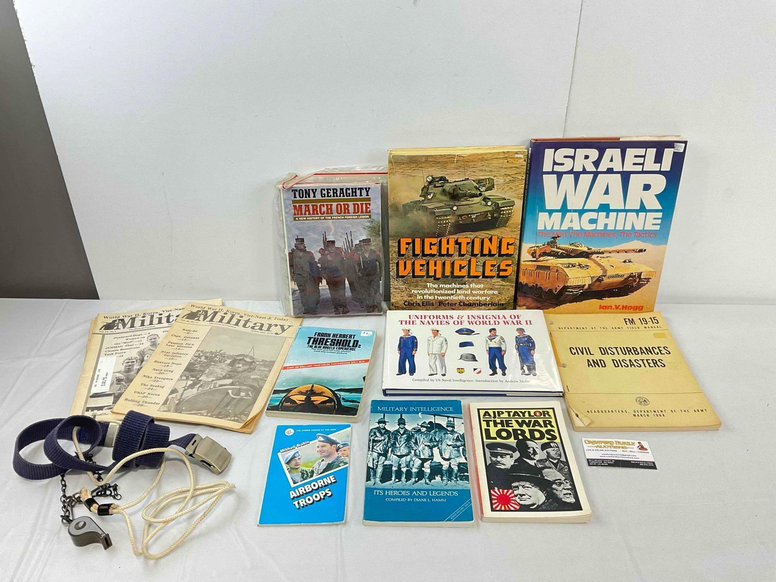 15 pcs Vintage Military Memorabilia, incl. Whistle, Books & Belt. Good Condition. See pics. (1 of 6)