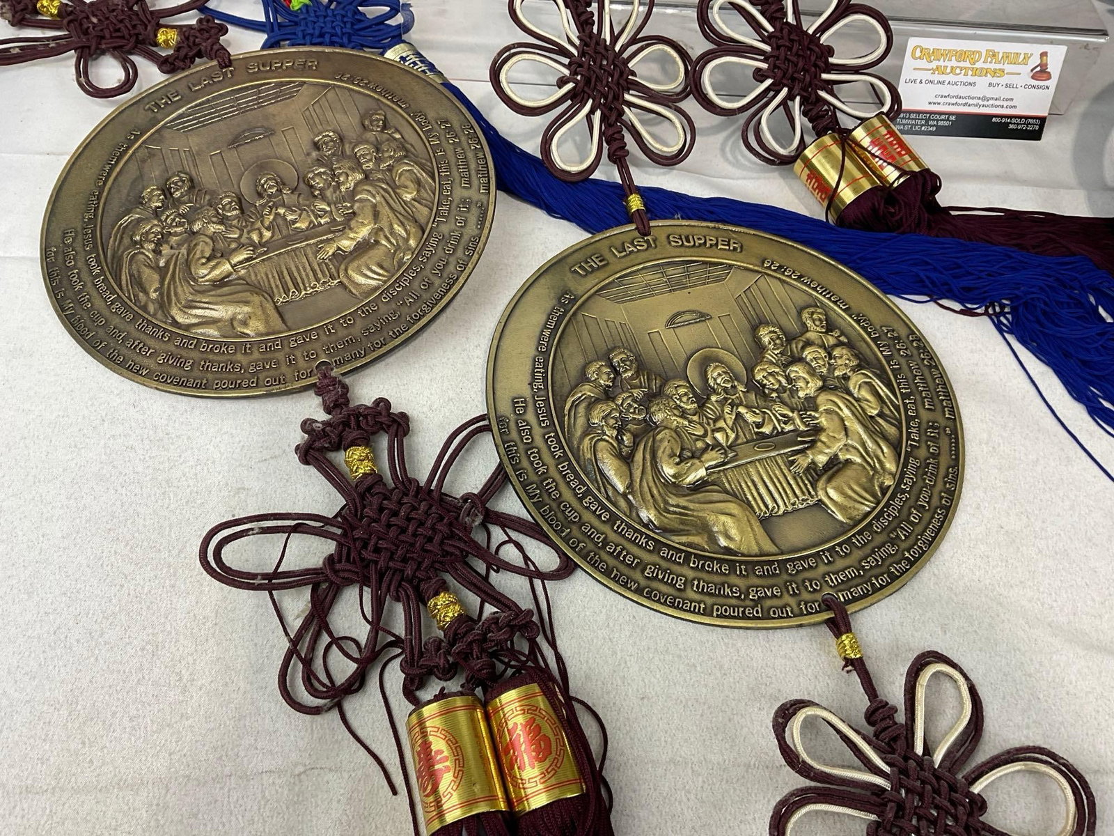 7 Korean Christian Wall Hangings, Cast Metal icons, 3 w/plastic frames, w/braided Tassels - 2
