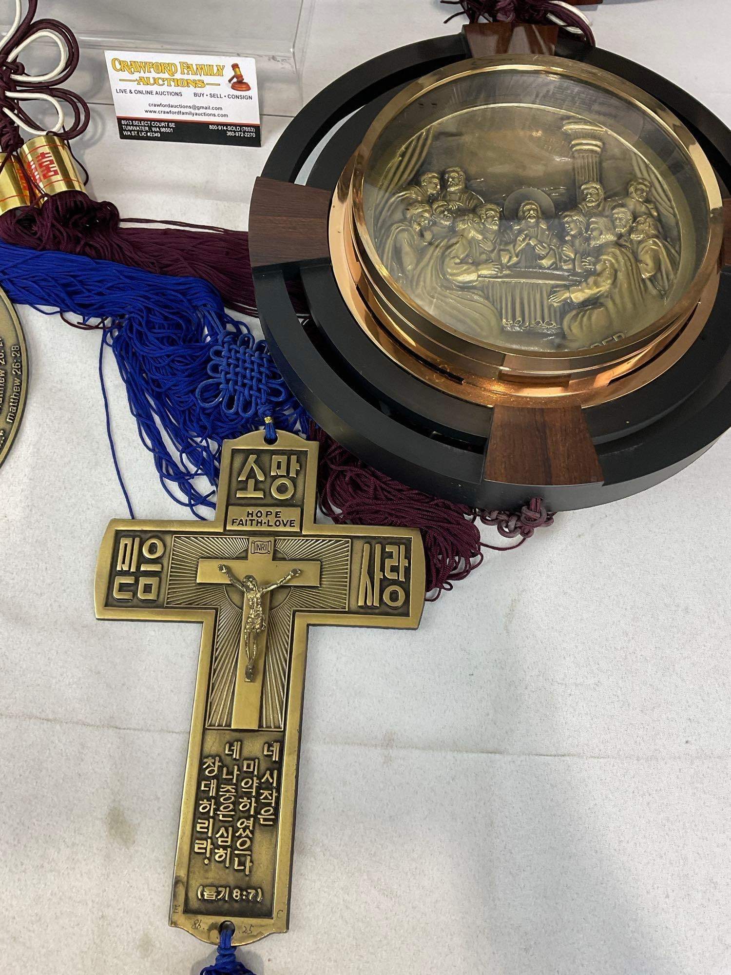 7 Korean Christian Wall Hangings, Cast Metal icons, 3 w/plastic frames, w/braided Tassels - 3
