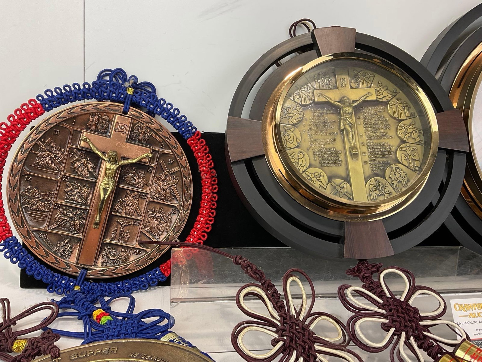 7 Korean Christian Wall Hangings, Cast Metal icons, 3 w/plastic frames, w/braided Tassels - 5