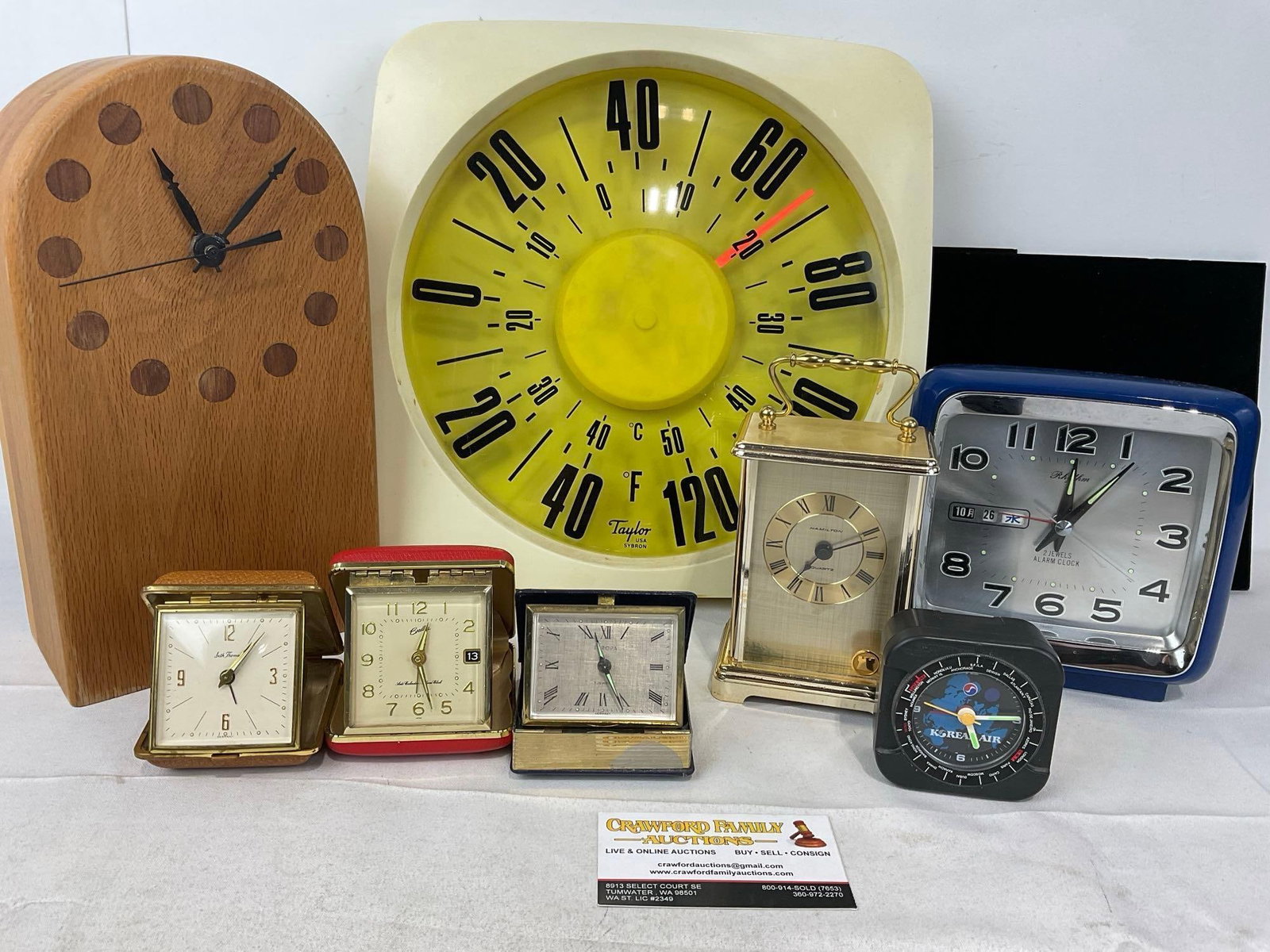 Vintage Taylor Wall Thermometer, 3 Folding Clocks, Wood homemade, Hamilton, Korean Air, & Rhythm... (1 of 11)