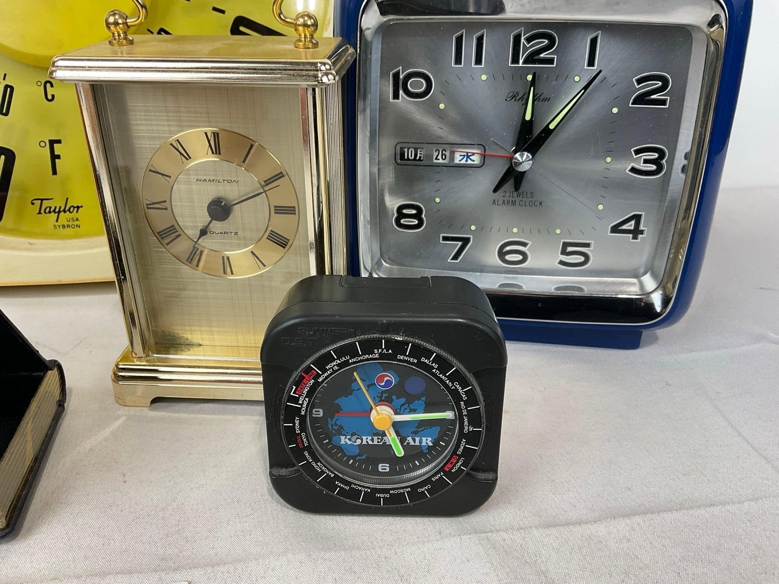 Vintage Taylor Wall Thermometer, 3 Folding Clocks, Wood homemade, Hamilton, Korean Air, & Rhythm... - 3
