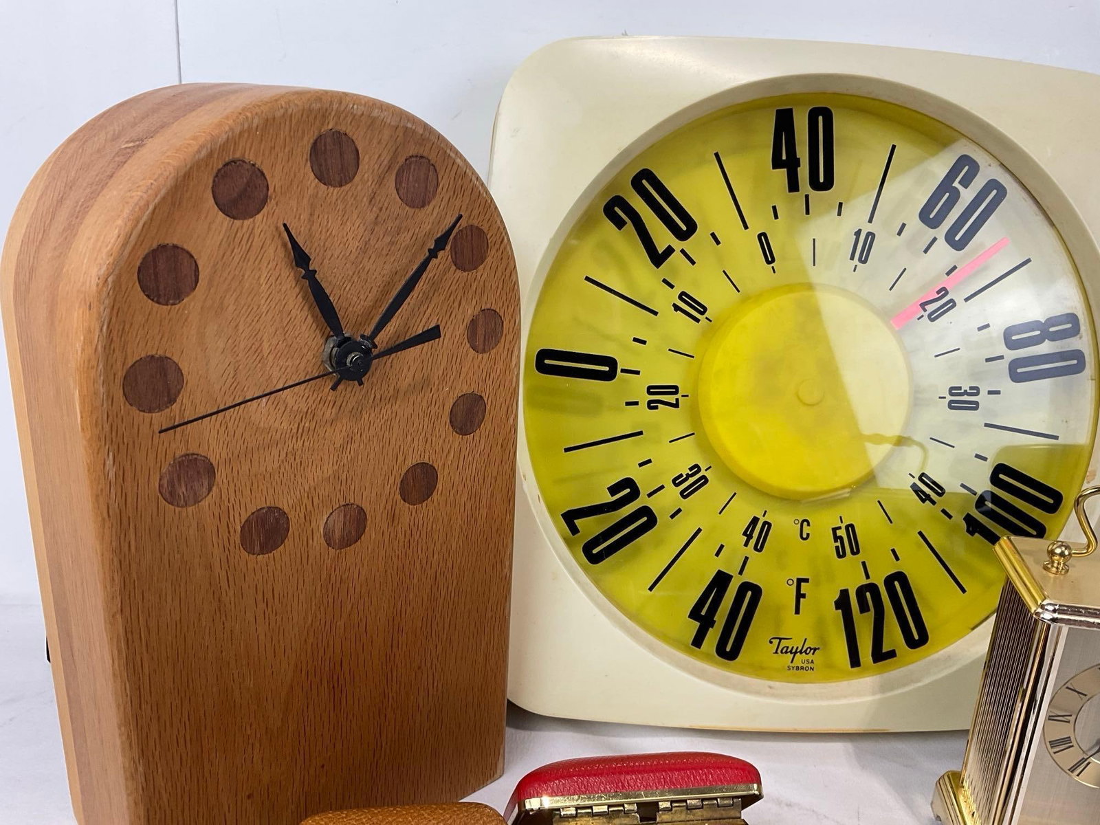 Vintage Taylor Wall Thermometer, 3 Folding Clocks, Wood homemade, Hamilton, Korean Air, & Rhythm... - 4