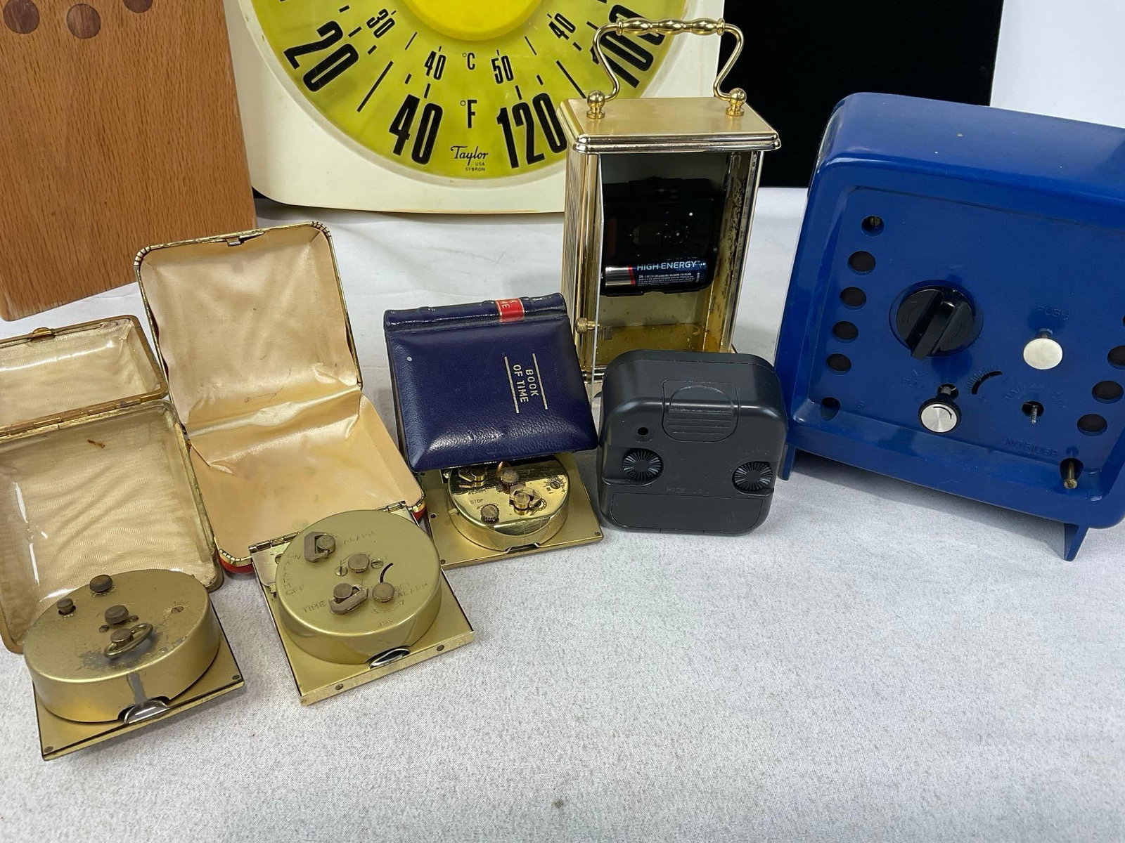 Vintage Taylor Wall Thermometer, 3 Folding Clocks, Wood homemade, Hamilton, Korean Air, & Rhythm... - 5