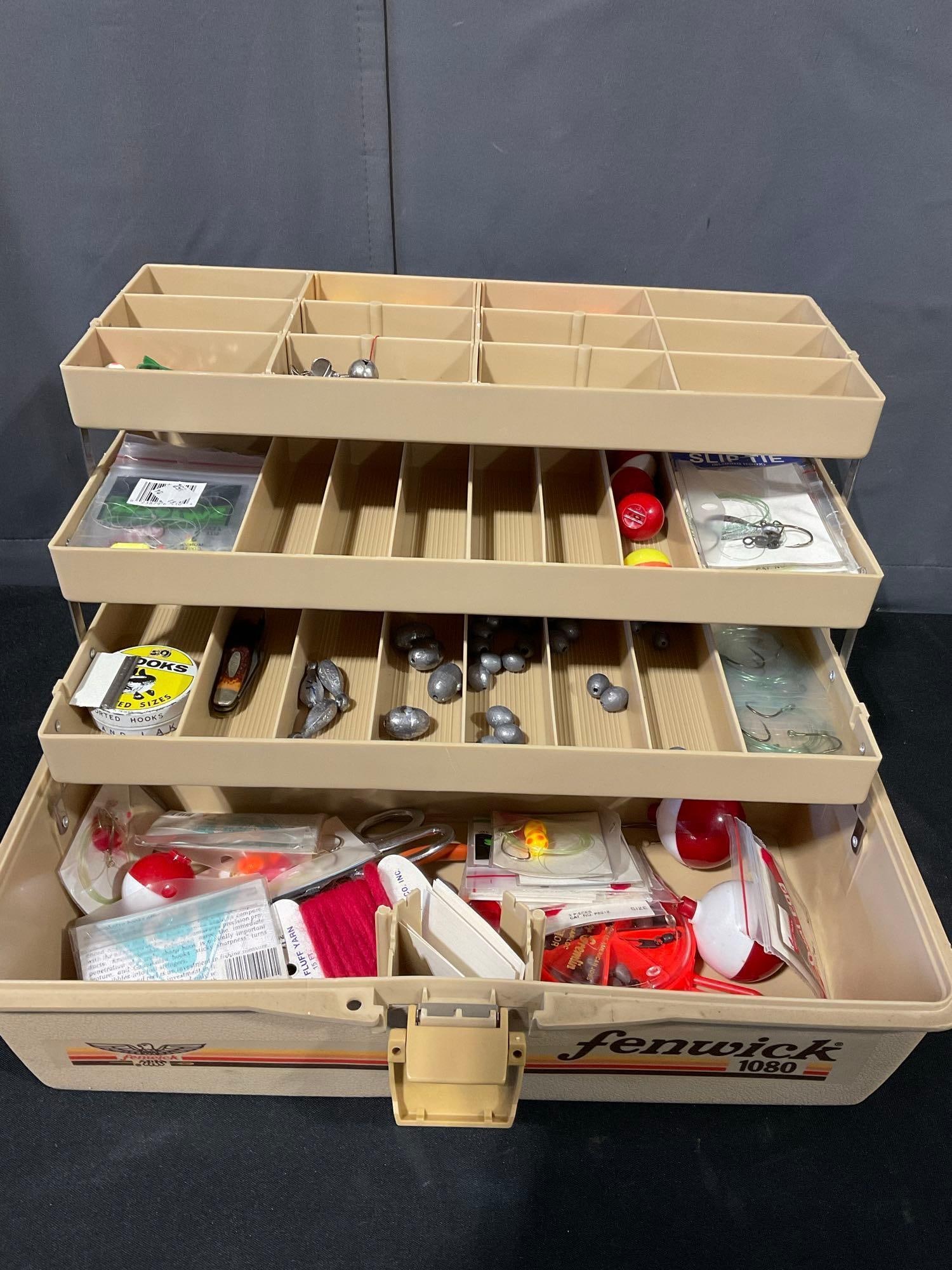 Assorted Fishing Tackle, Weights, Bobs, & more, in Fenwick 1080 Tackle Box (1 of 2)
