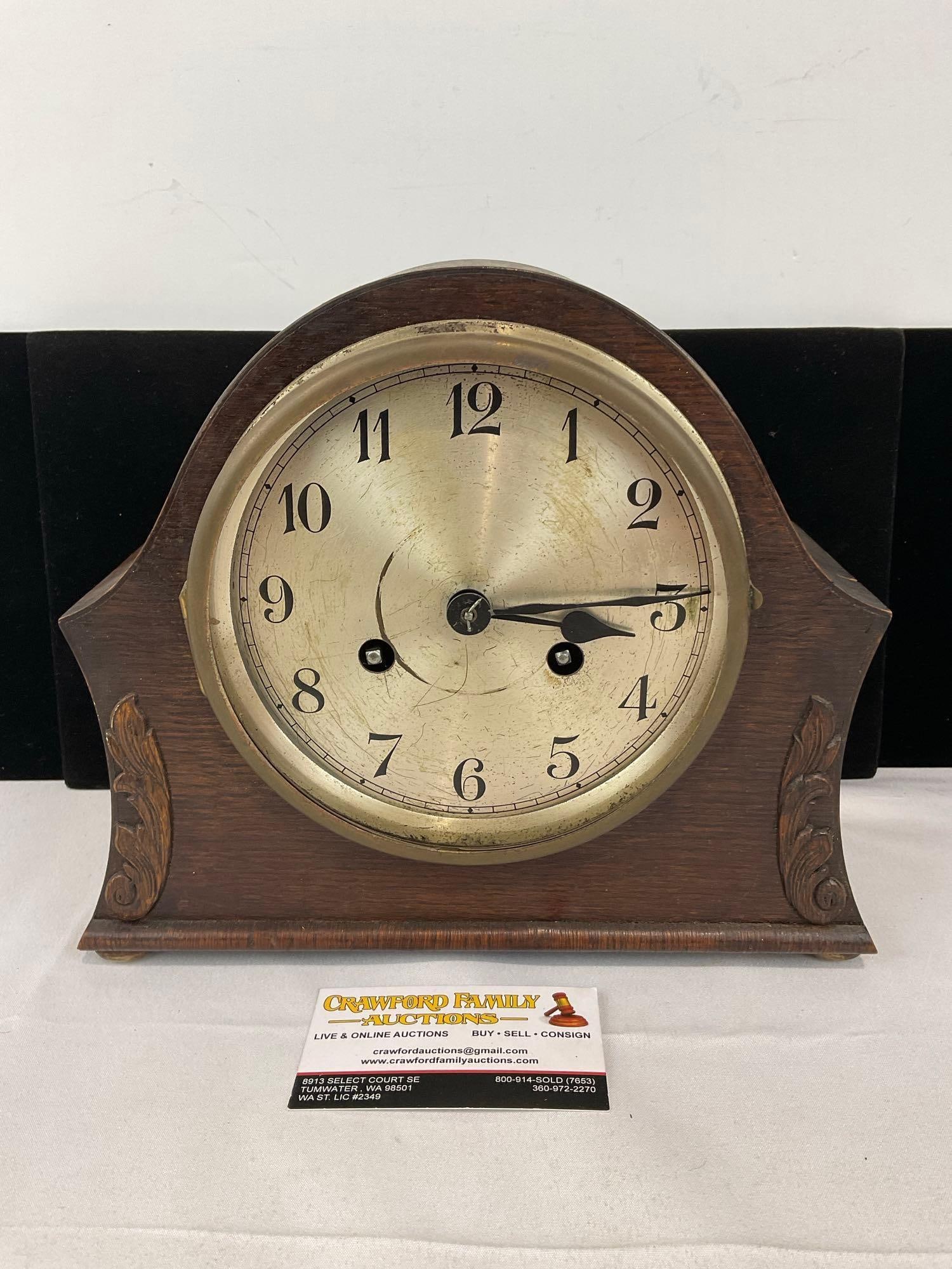 Vintage Early 20th Century Time Strike Mantel Clock w/key, no Glass, 10h x 11w x 6d inches: All from the same collection. Appears to be in fair to good shape. The piece measures approx 10h x 11w x 6d inches. See pics. E-5580