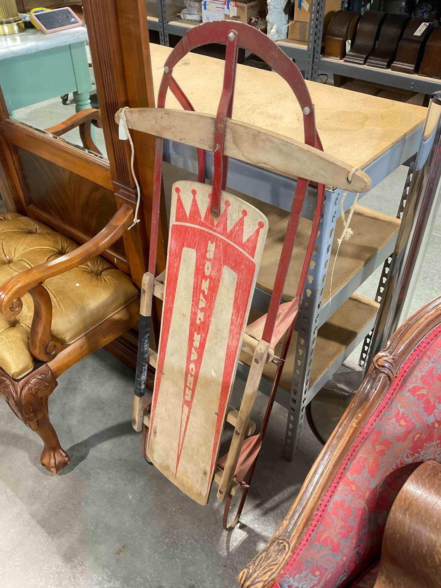 Vintage Royal Racer Wood & Metal Snow Sled. Good Condition. Measures 22" x 7" x 48" See pics. - 2