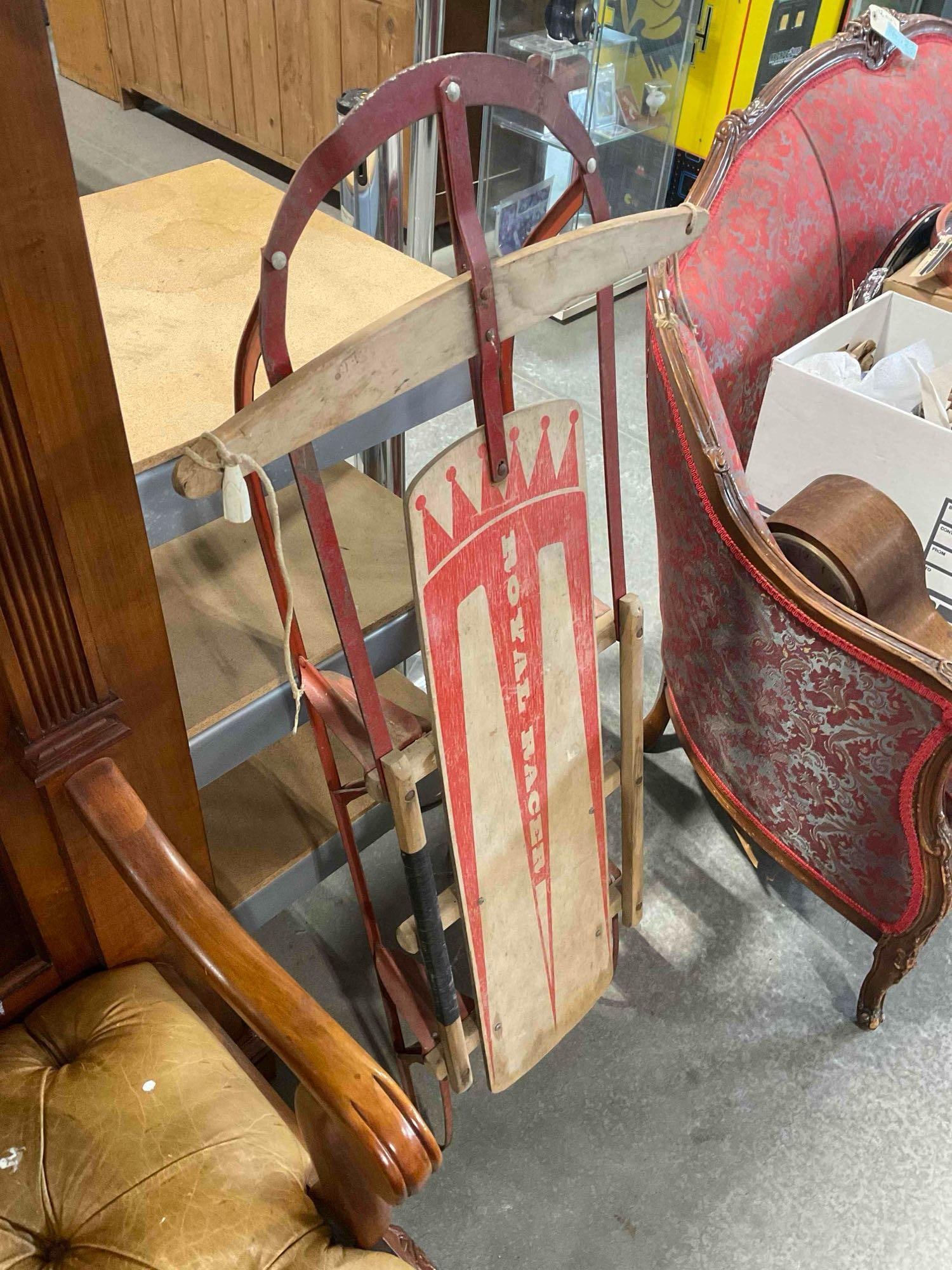 Vintage Royal Racer Wood & Metal Snow Sled. Good Condition. Measures 22" x 7" x 48" See pics. - 3