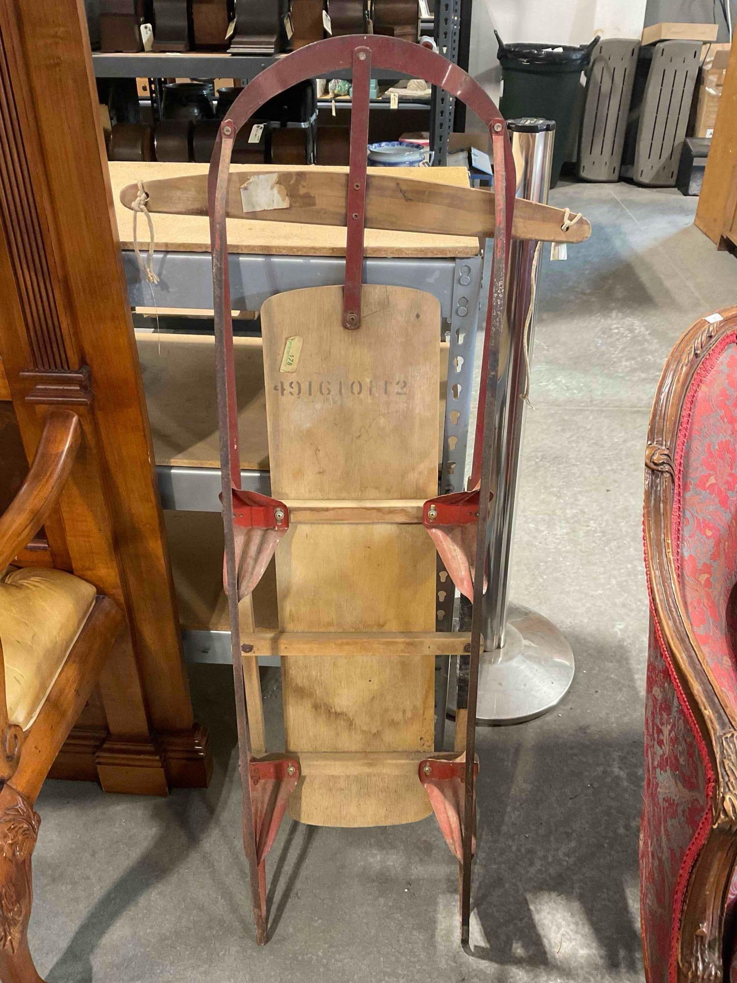 Vintage Royal Racer Wood & Metal Snow Sled. Good Condition. Measures 22" x 7" x 48" See pics. - 7