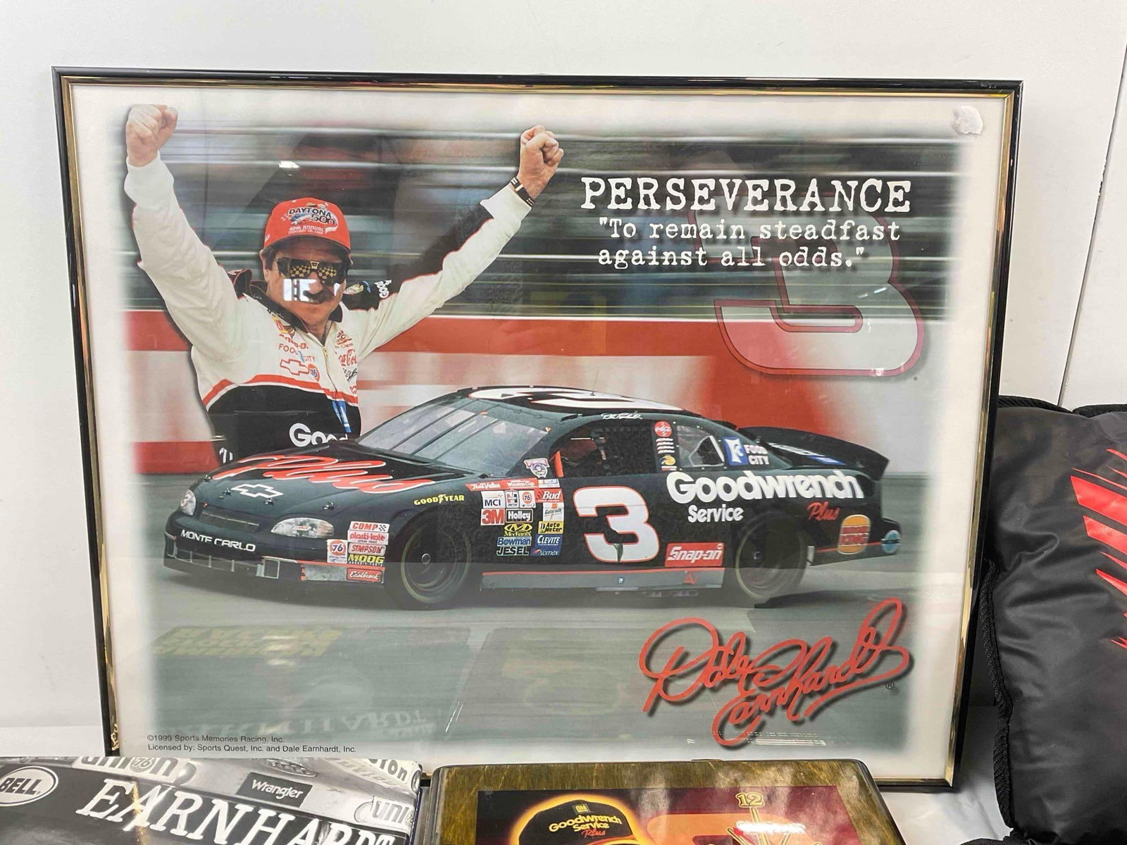 5 pcs Vintage Dale Earnhardt Memorabilia, incl. Framed Poster, Book, Clock & Pillows. See pics. - 2