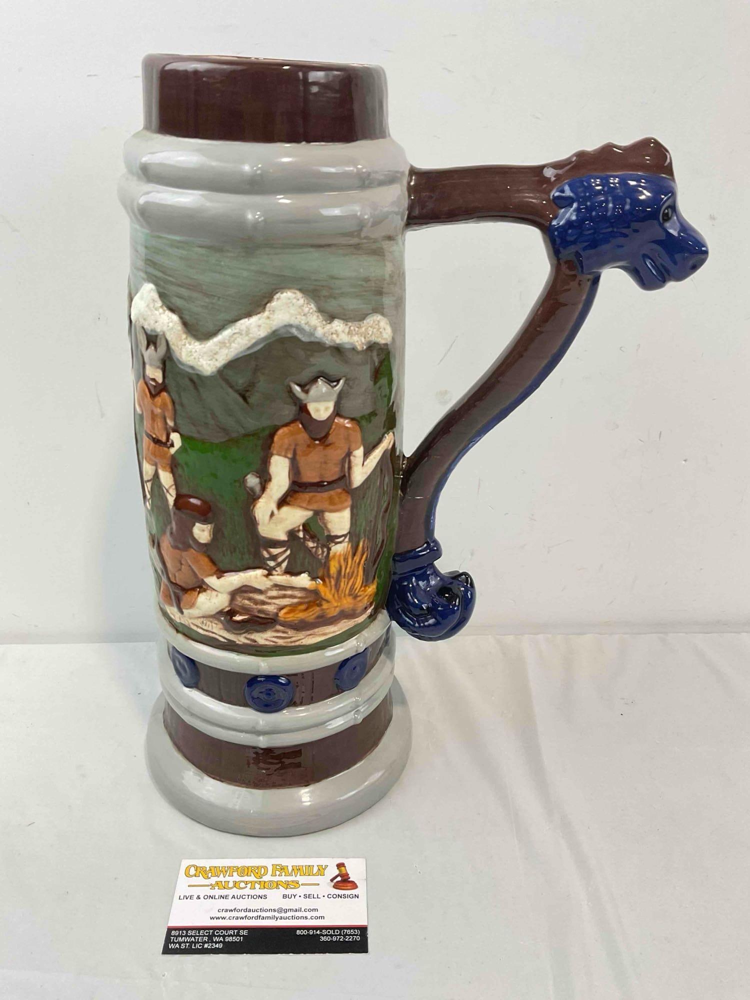 Large Hand Painted Ceramic Beer Stein w/ Viking & Dragon Details. Very Good Condition. See pics.: Large Hand Painted Ceramic Beer Stein w/ Viking & Dragon Details. Very Good Condition. Minor chips to rim, wear indicative of age and use, condition is otherwise very good. Measures 10" x 6" x