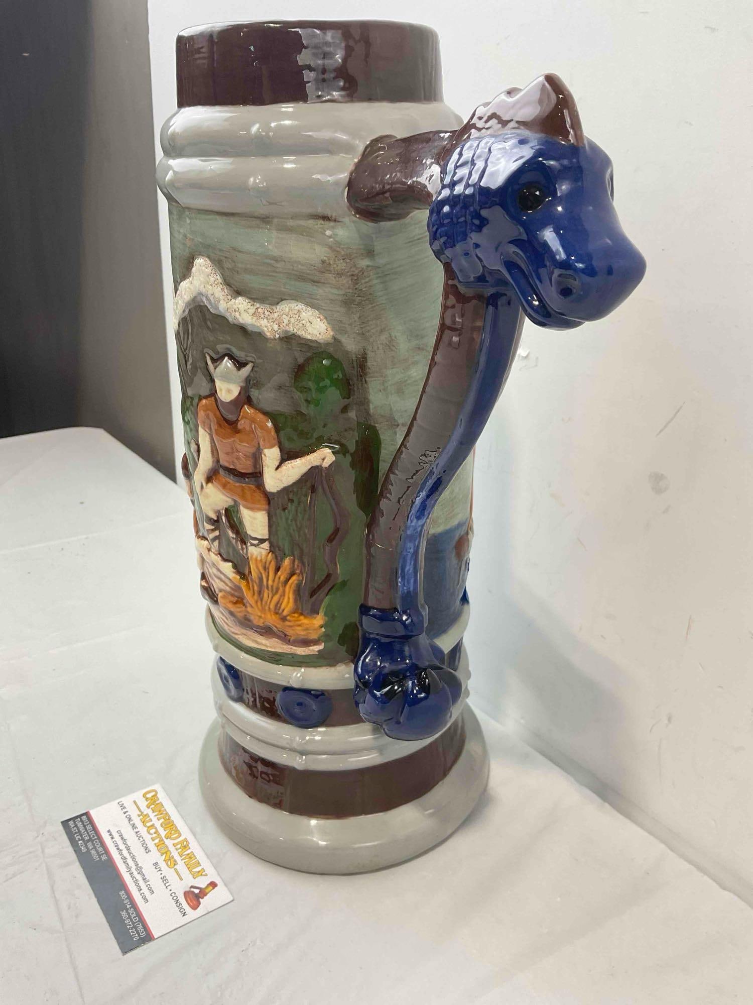 Large Hand Painted Ceramic Beer Stein w/ Viking & Dragon Details. Very Good Condition. See pics. - 2