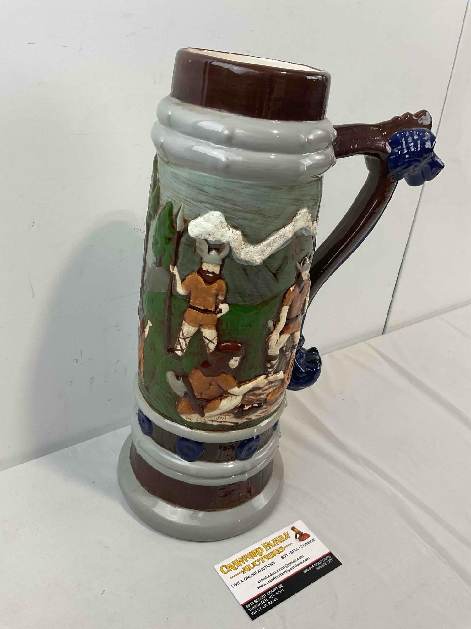 Large Hand Painted Ceramic Beer Stein w/ Viking & Dragon Details. Very Good Condition. See pics. - 3