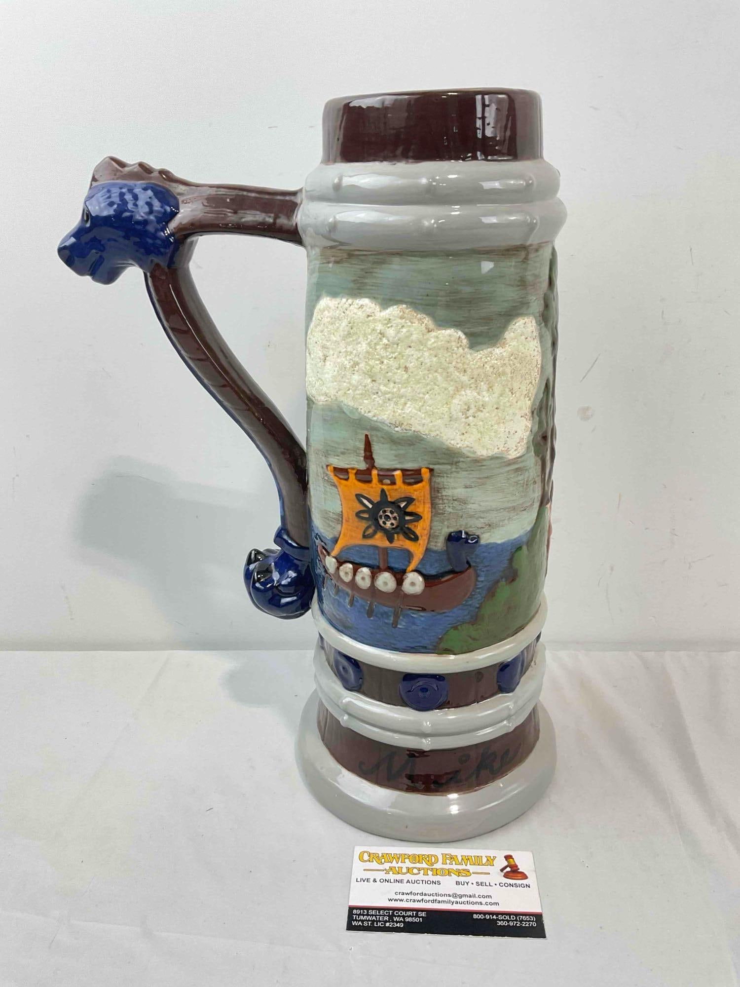 Large Hand Painted Ceramic Beer Stein w/ Viking & Dragon Details. Very Good Condition. See pics. - 5