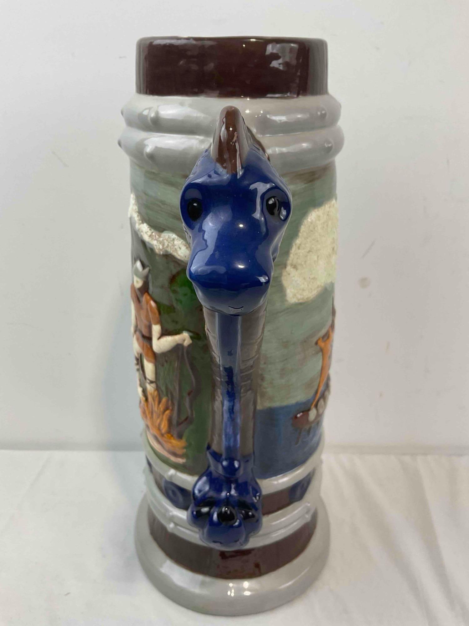 Large Hand Painted Ceramic Beer Stein w/ Viking & Dragon Details. Very Good Condition. See pics. - 6