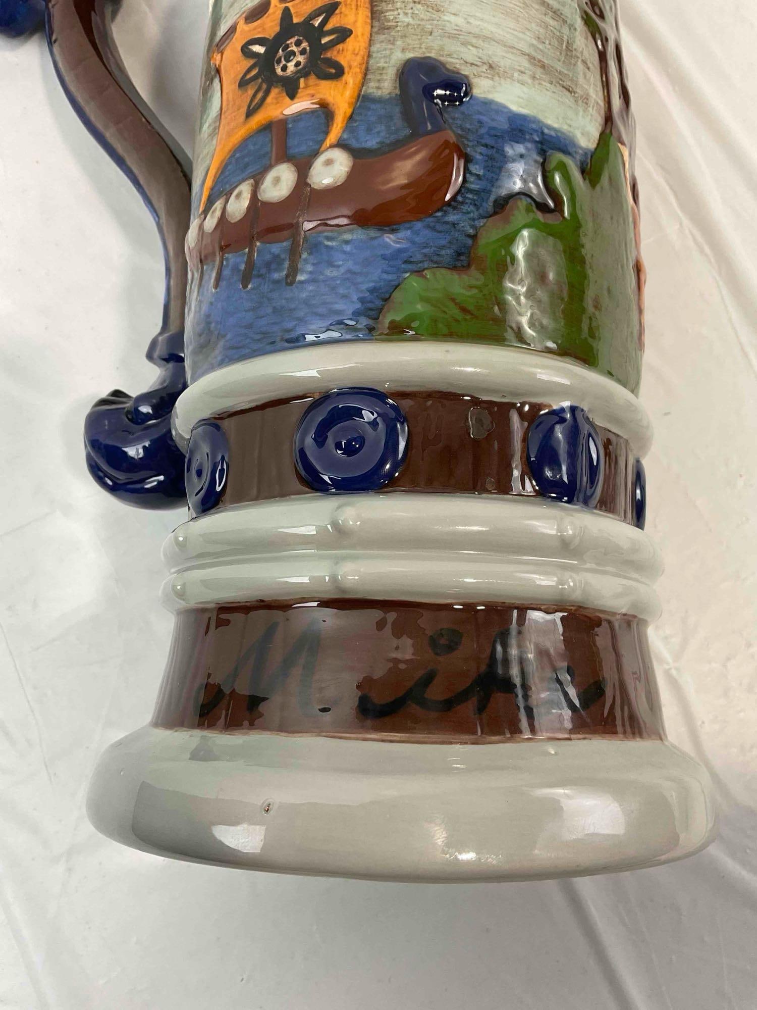Large Hand Painted Ceramic Beer Stein w/ Viking & Dragon Details. Very Good Condition. See pics. - 7