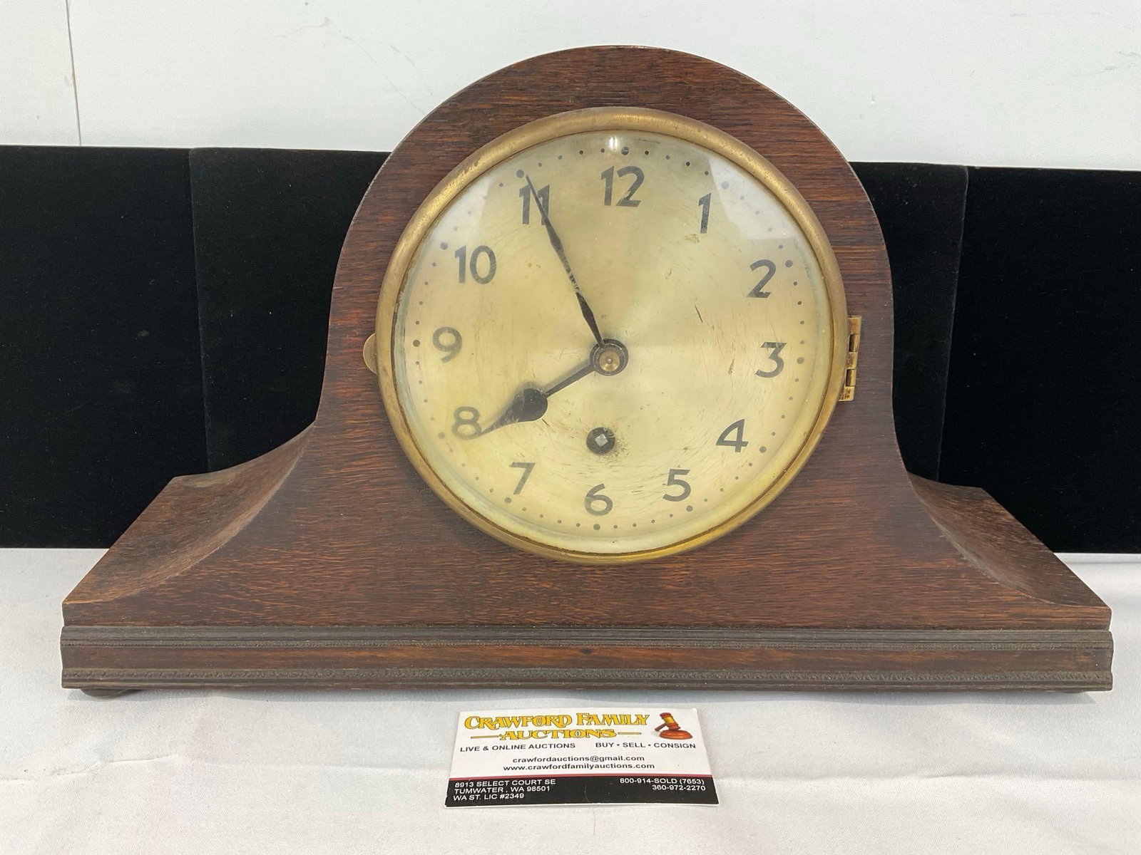 Early 20th Century 8 Day Time Mantel Clock Humpback, 10h x 16w x 6d inches w/key: All from the same collection. Appears to be in fair to good shape. The piece measures approx 10h x 16w x 6d inches. See pics. E-5580