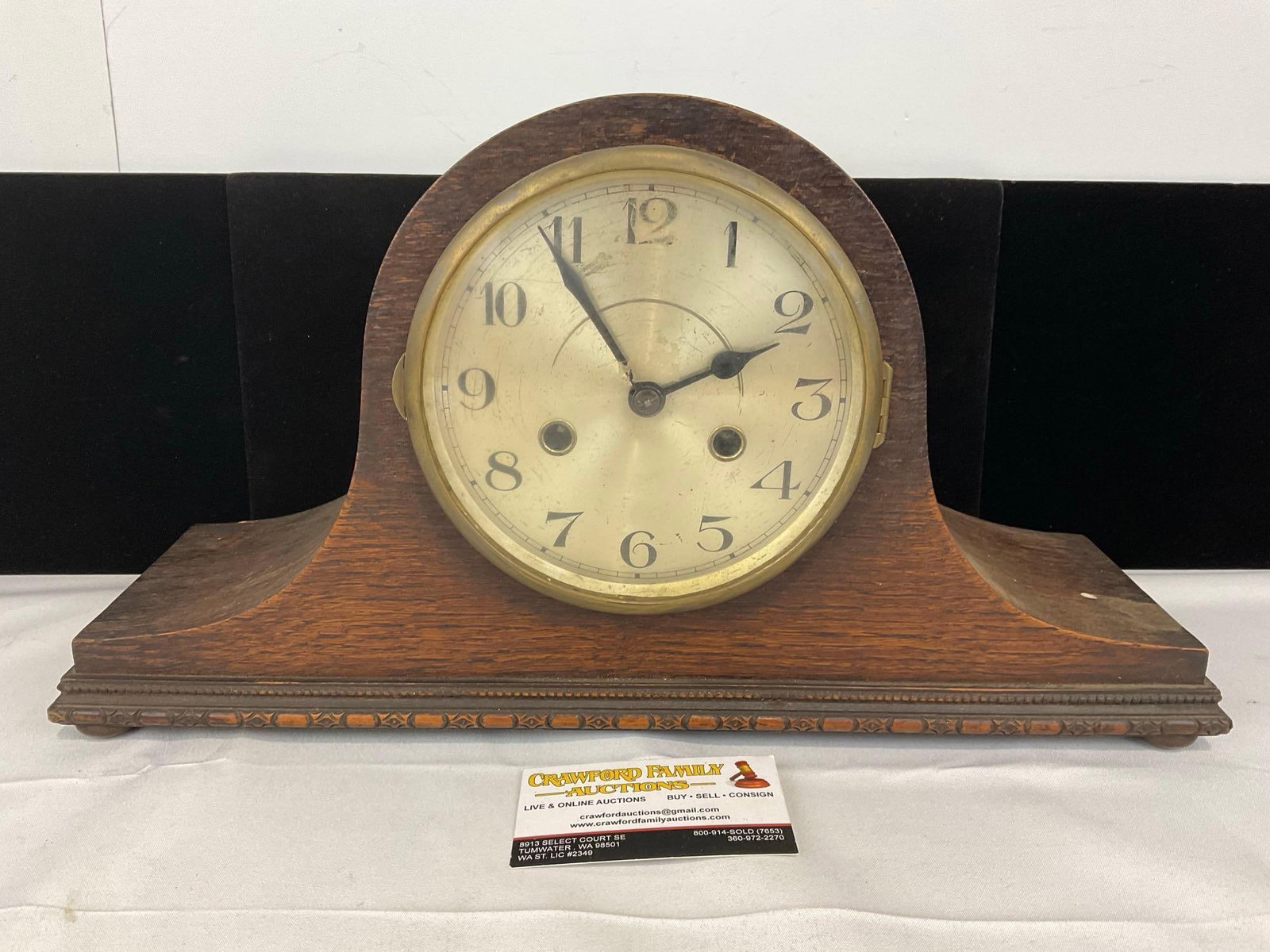 Early 20th Century British Time Strike Mantel Clock Humpback, 10h x 18w x 6d inches: All from the same collection. Appears to be in fair to good shape. The piece measures approx 10h x 18w x 6d inches. See pics. E-5580